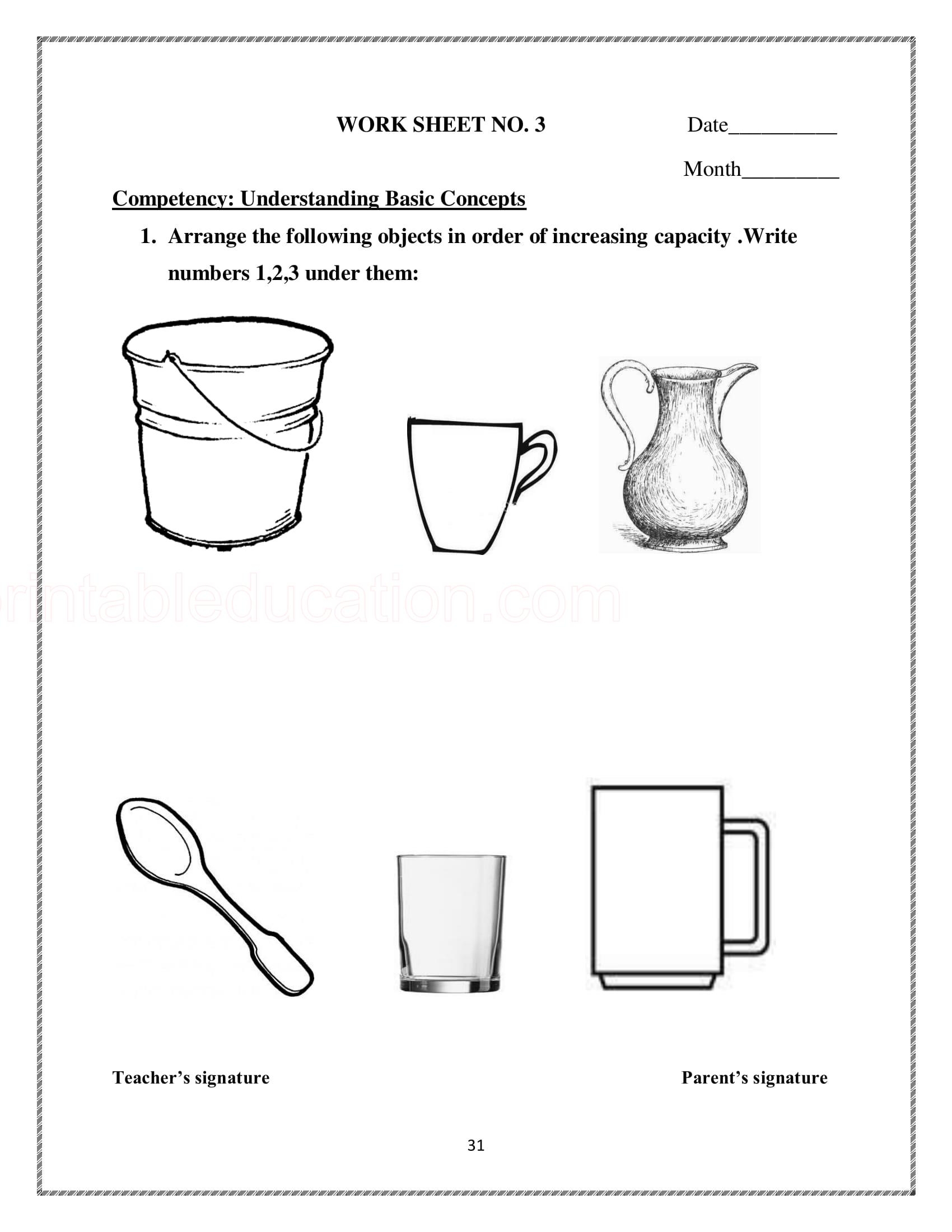Math Capacity Worksheets Kindergarten