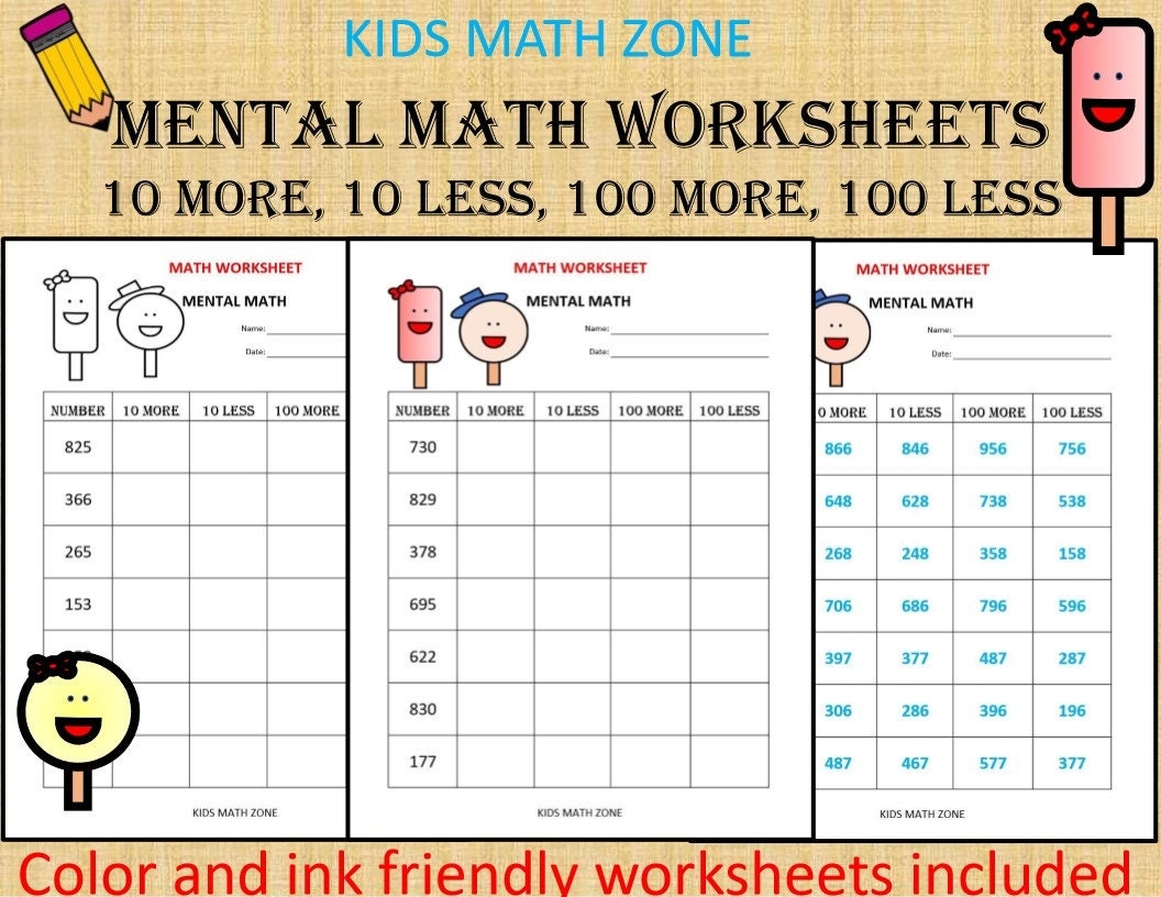 Mental Math 10 Math Worksheets Pdf Kindergarten Year 1 2 