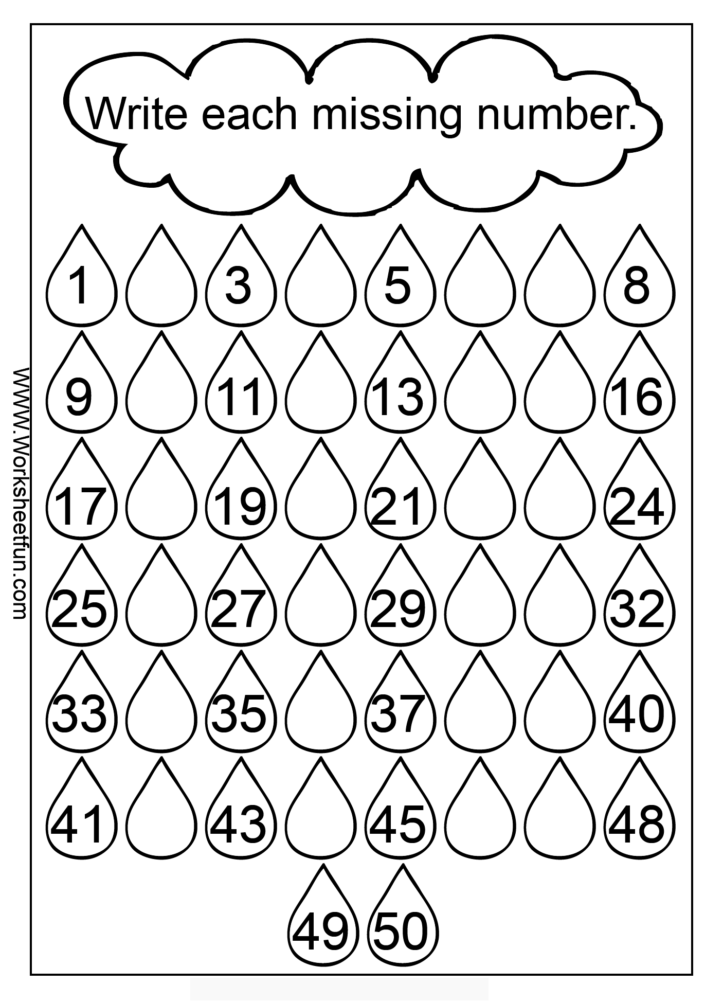 Missing Numbers 1 50 Three Worksheets Kindergarten Addition Worksheets Library