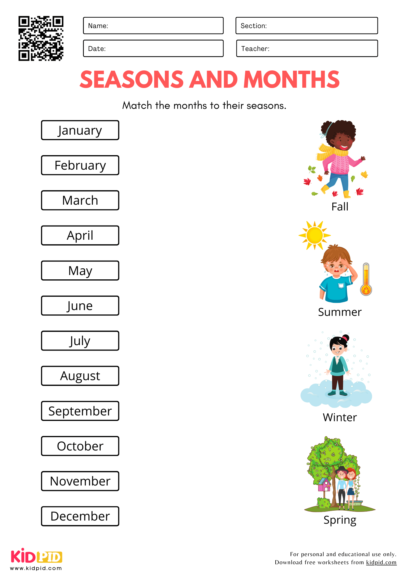 Months Seasons Matching Worksheet For Kindergarten Kidpid