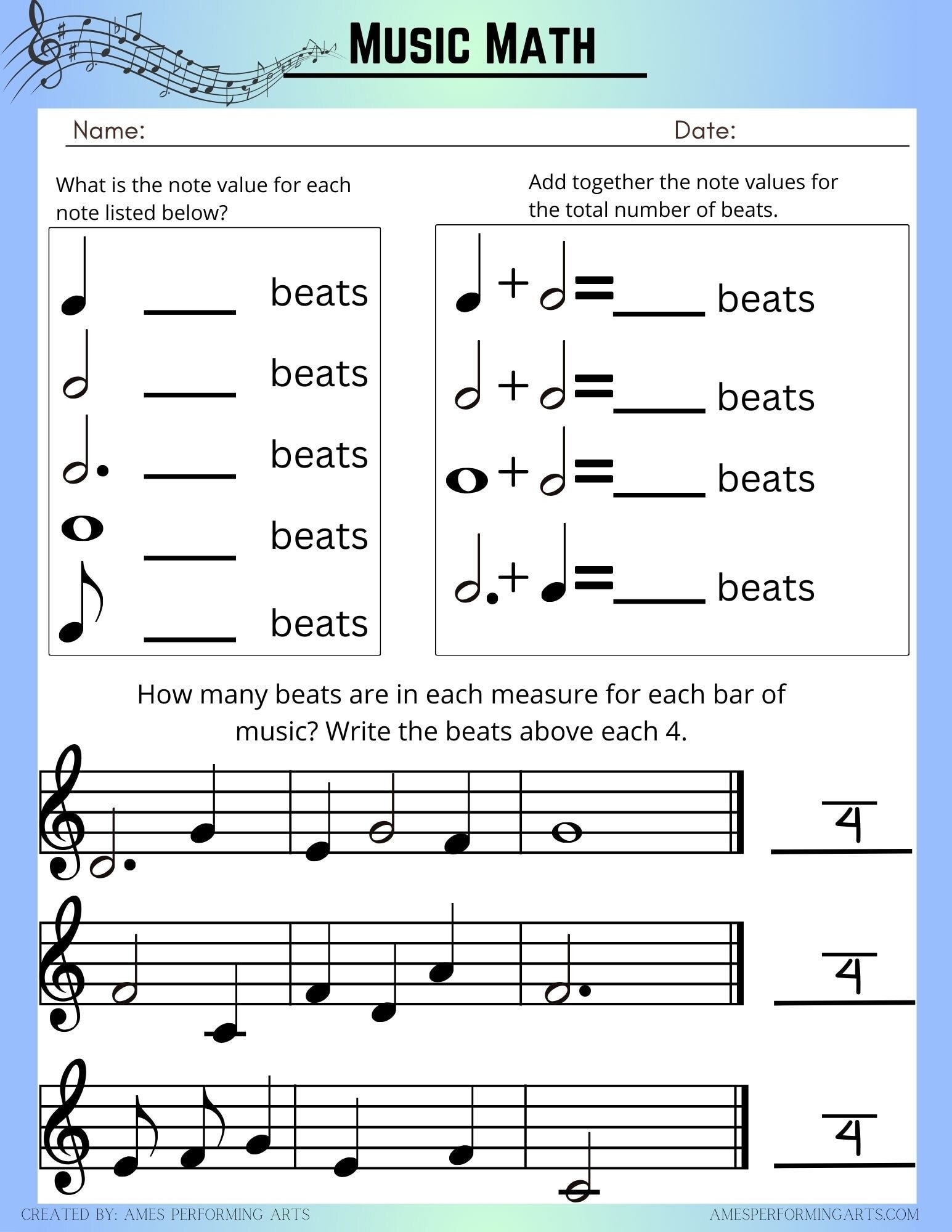 Music Math Worksheet Etsy UK