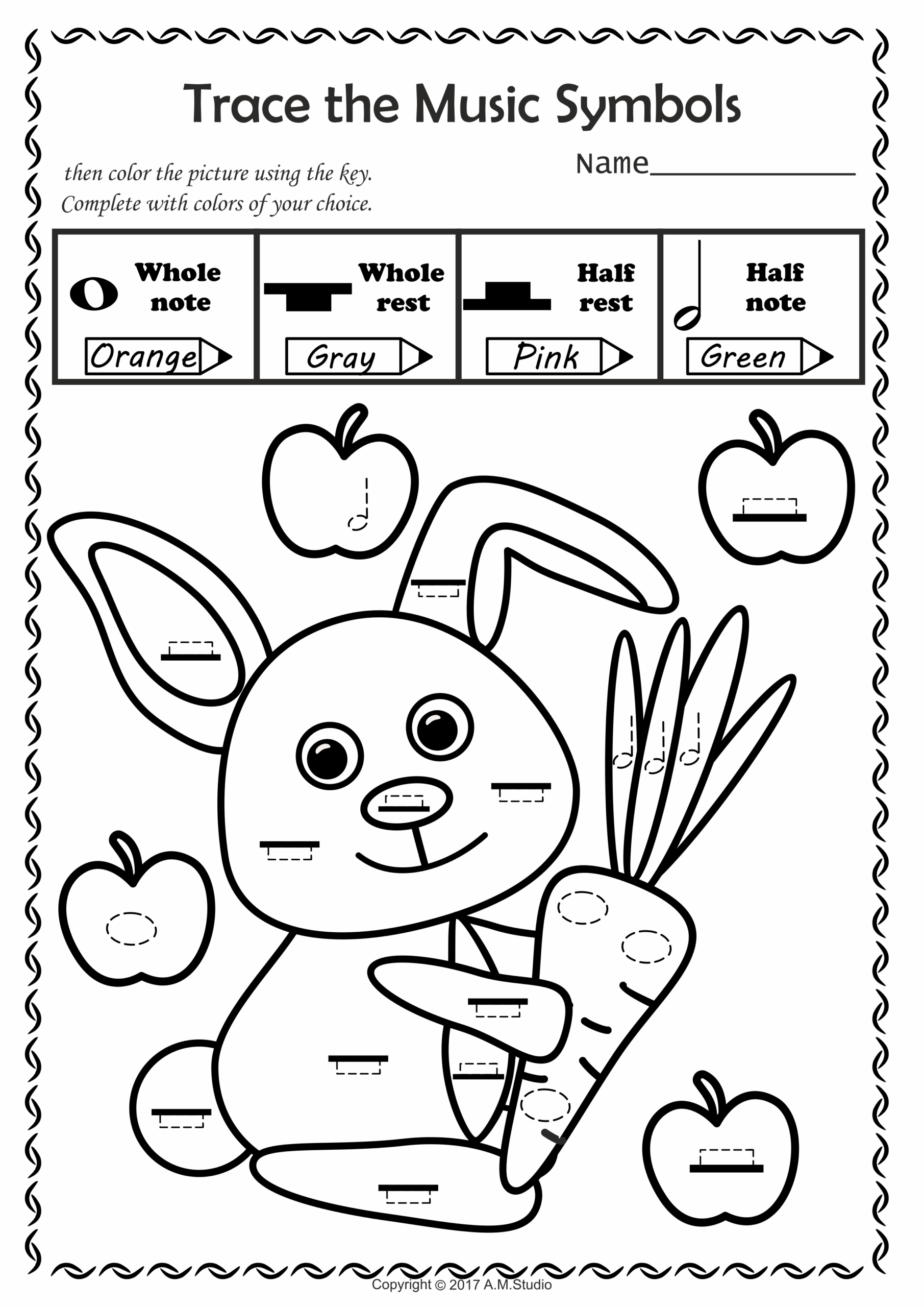 Music Trace And Color Worksheets For Kids