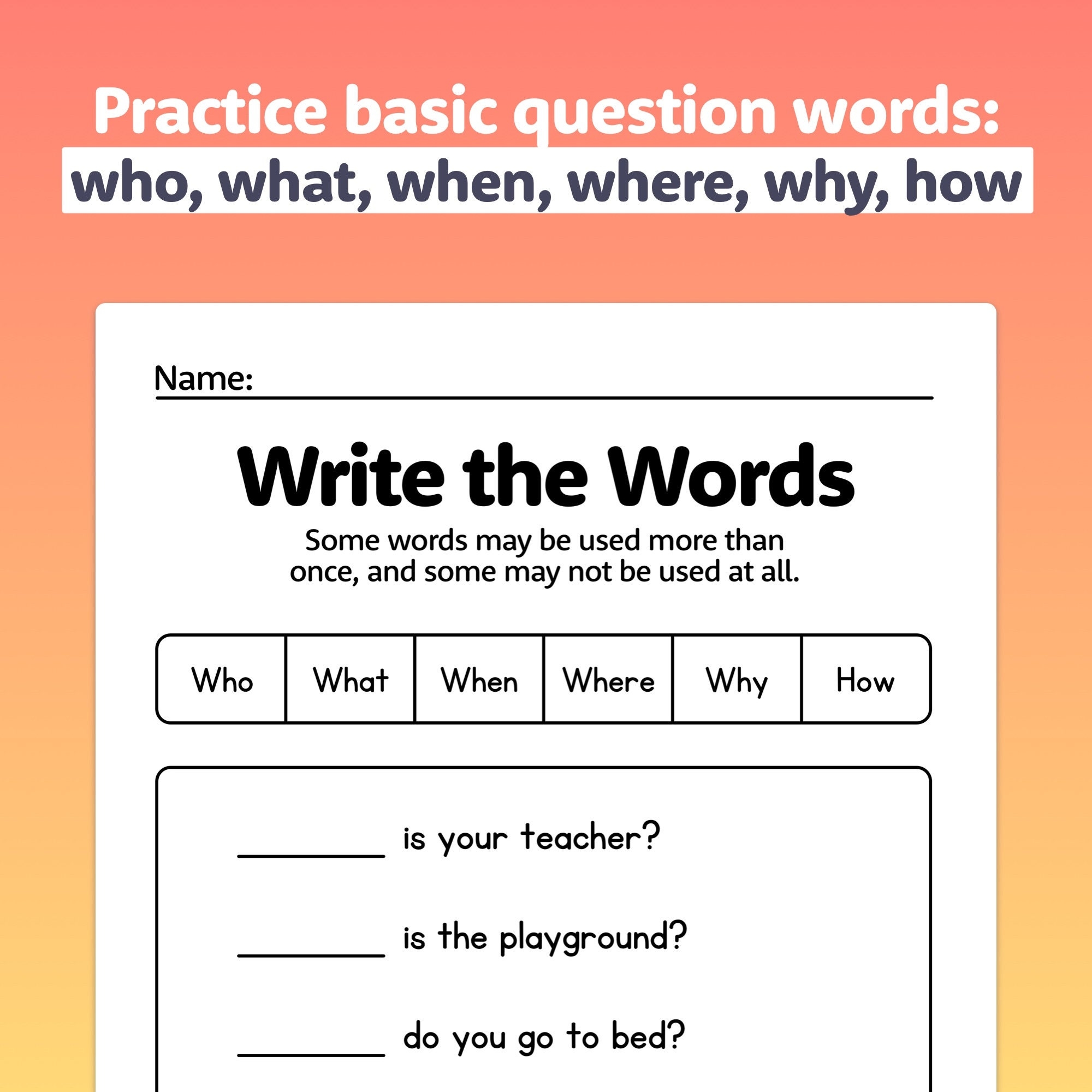 No Prep Question Words Worksheets Kindergarten 1st U0026 2nd Grade 