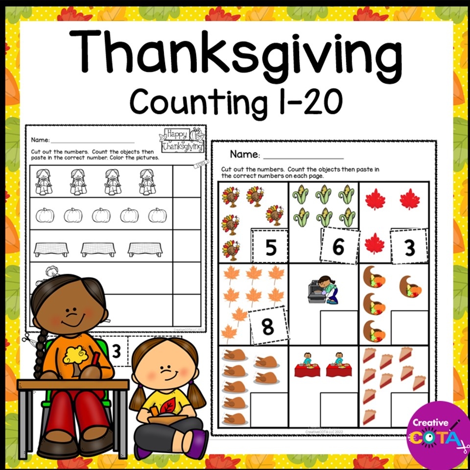 No Prep Thanksgiving Kindergarten Math Worksheets Numbers 1 20 