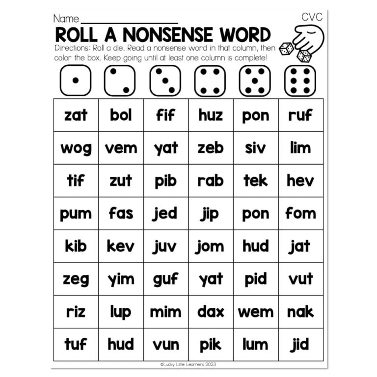 Nonsense Words CVC Roll A Nonsense Word Lucky Little Learners Worksheets Library