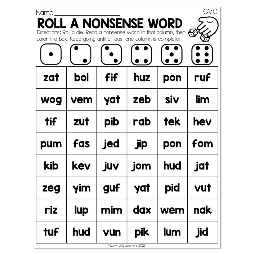 Nonsense Words CVC Roll A Nonsense Word Lucky Little Learners Worksheets Library