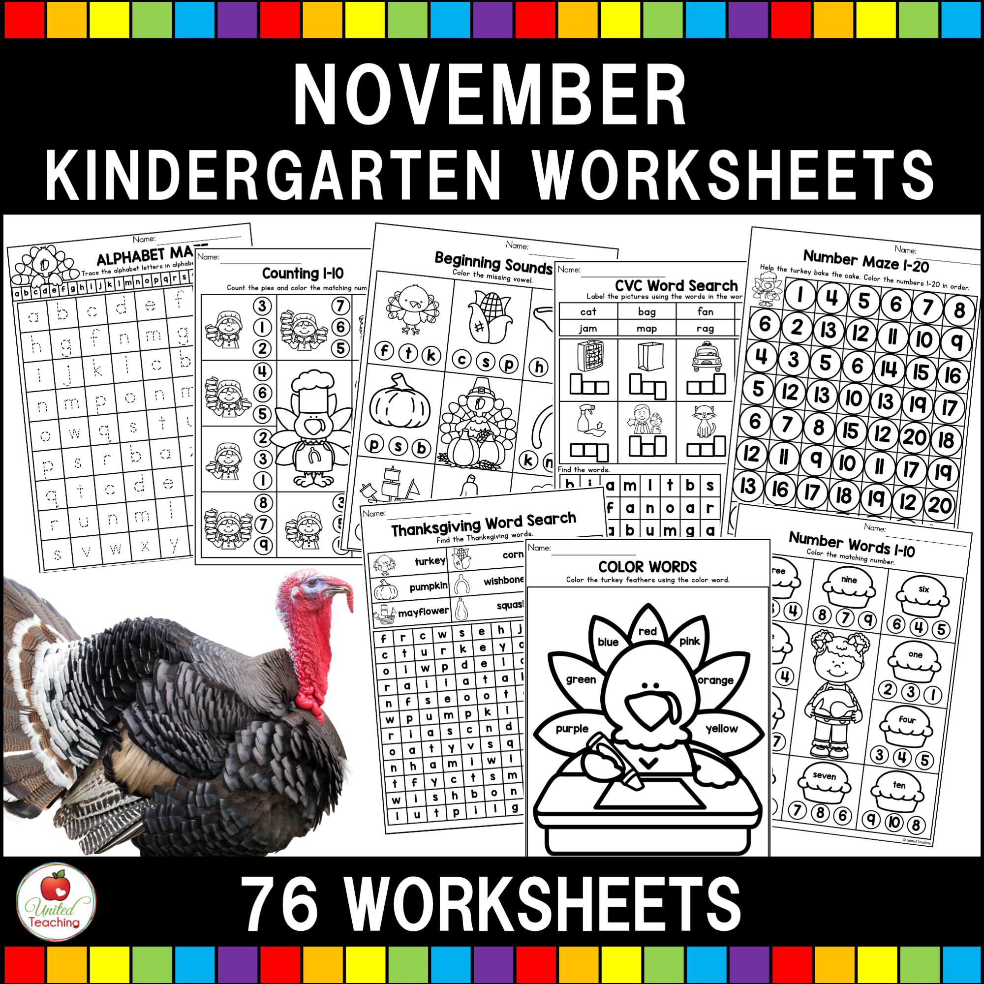 November Kindergarten Math And Literacy Worksheets United Teaching
