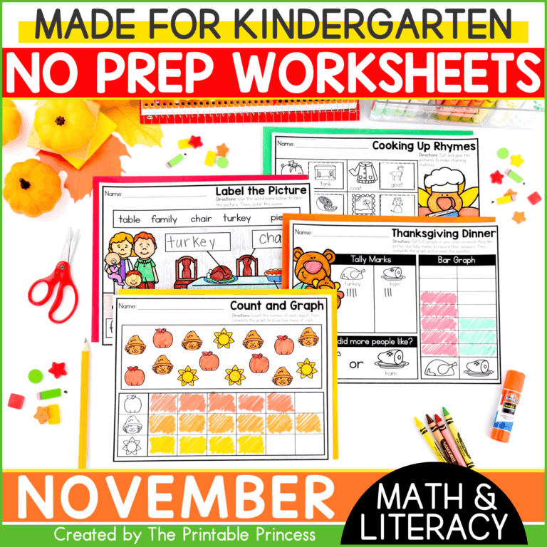 November Literacy And Math Worksheets For Kindergarten The Printable Princess