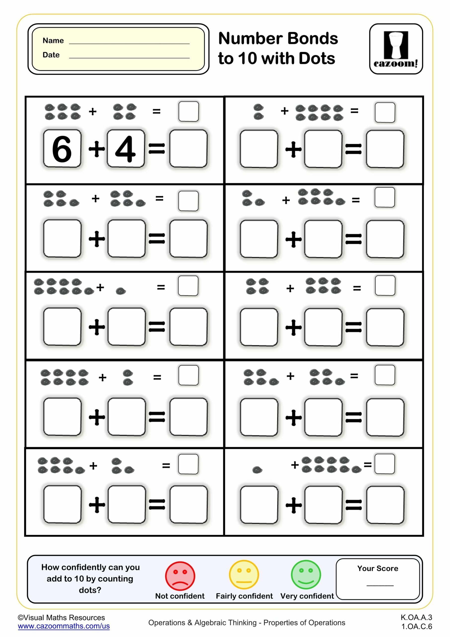Number Bonds To 10 With Dots K Grade PDF Addition Worksheets