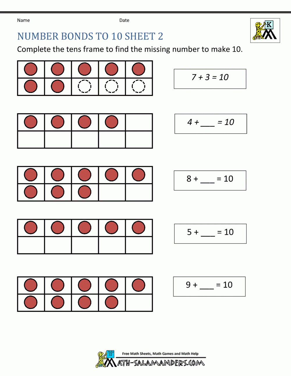Kindergarten Number Bonds Free Worksheets