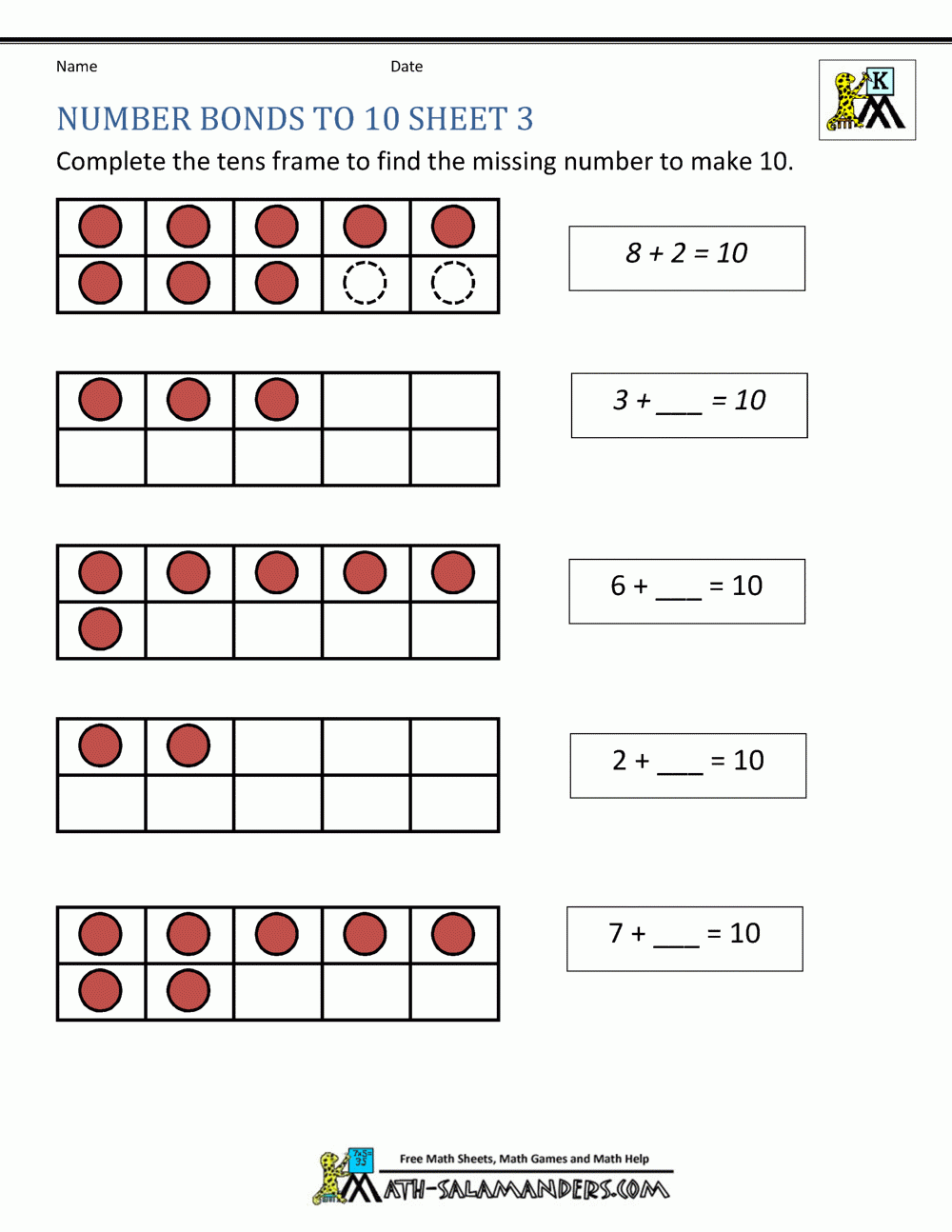 Number Bonds To 10 Worksheets