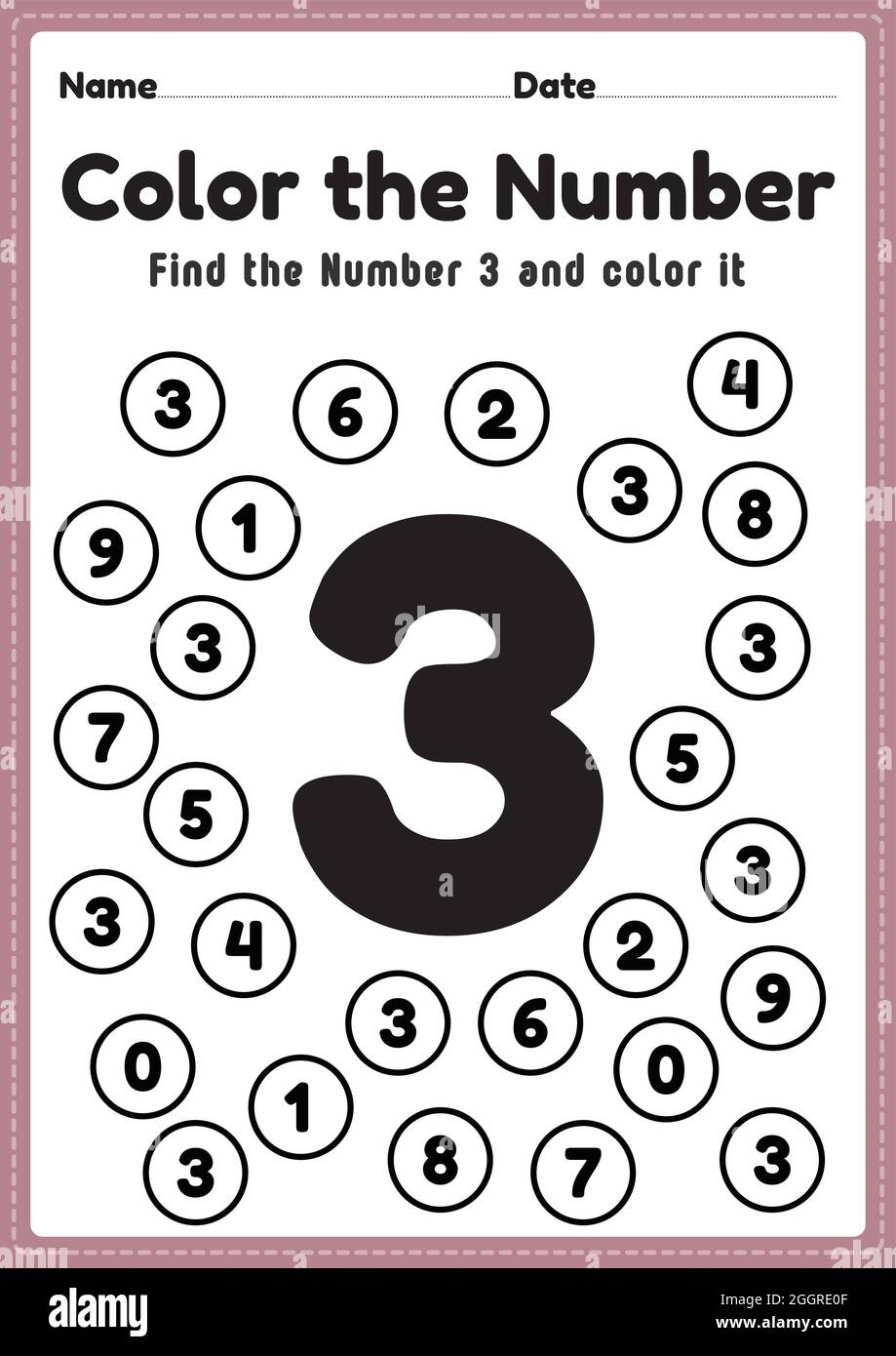 Number Worksheet Number 3 Worksheet Math Coloring Activities For Preschool And Kindergarten Kids To Learn Basic Mathematics Skills In A Printable Pag Stock Vector Image U0026 Art Alamy