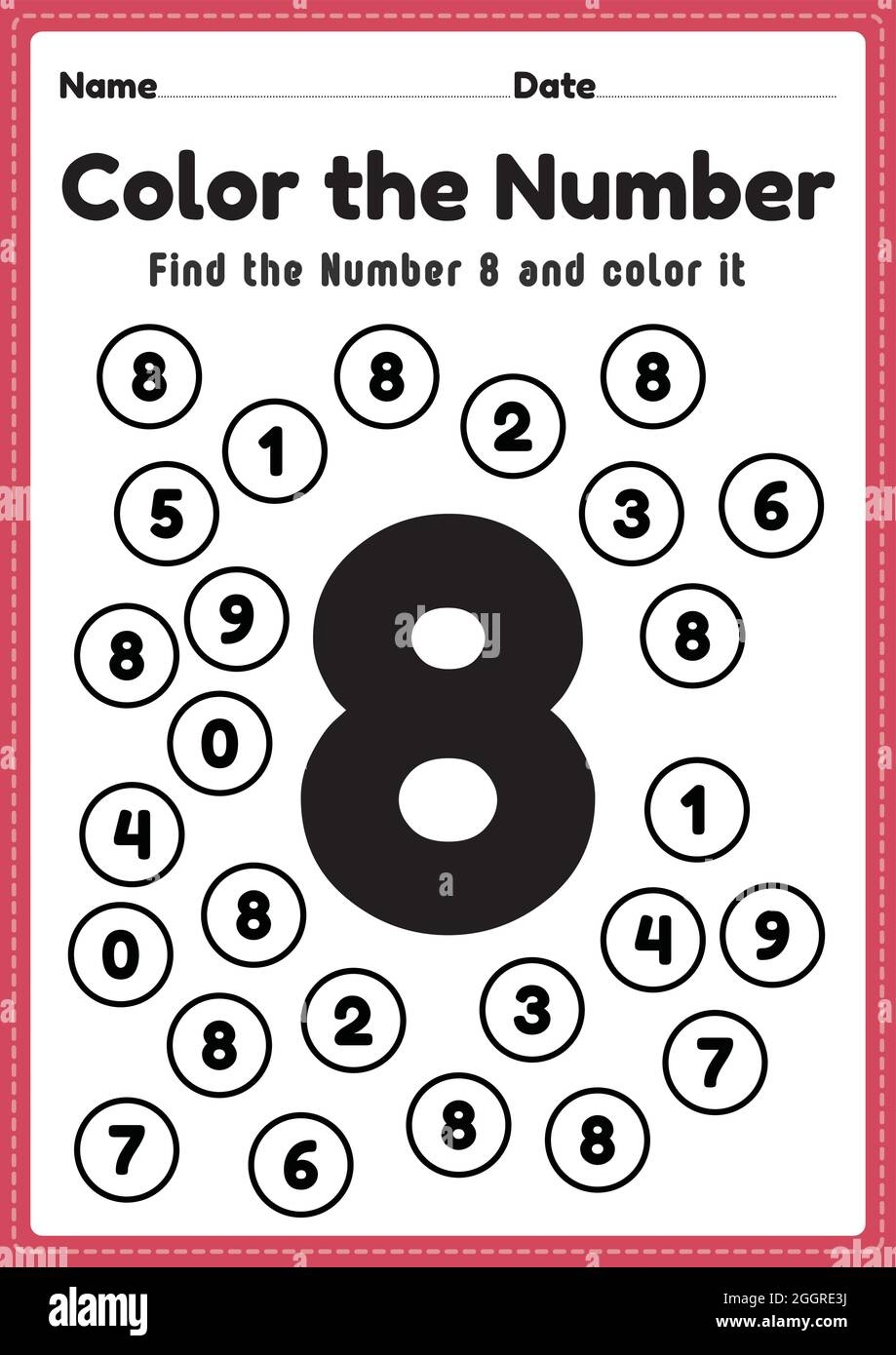 Number Worksheets For Kindergarten Number 8 Coloring Math Activities For Preschool Kids To Learn Basic Mathematics Skills In A Printable Page Stock Vector Image U0026 Art Alamy