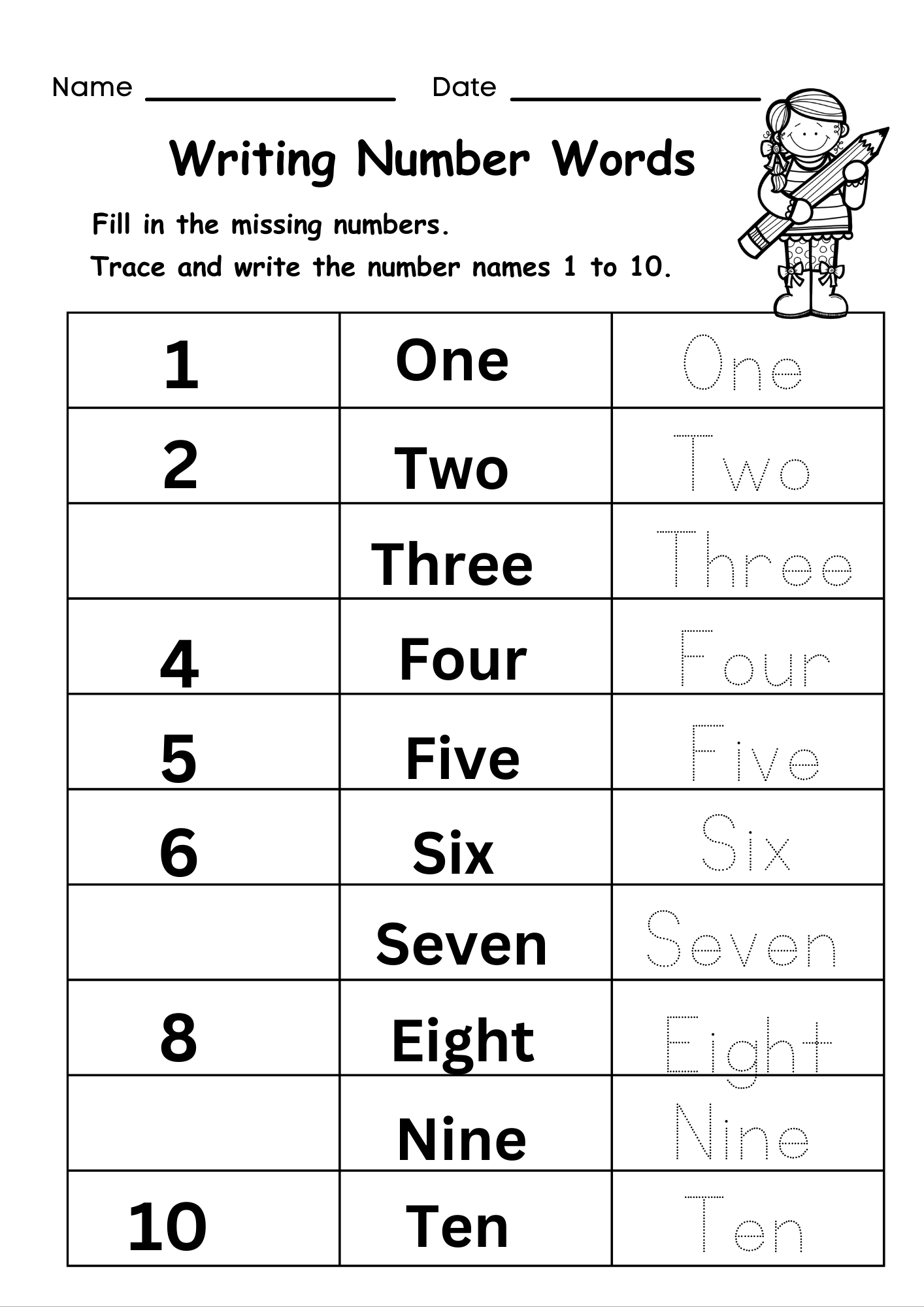 Numbers And Number Words Free PDF 1 10 
