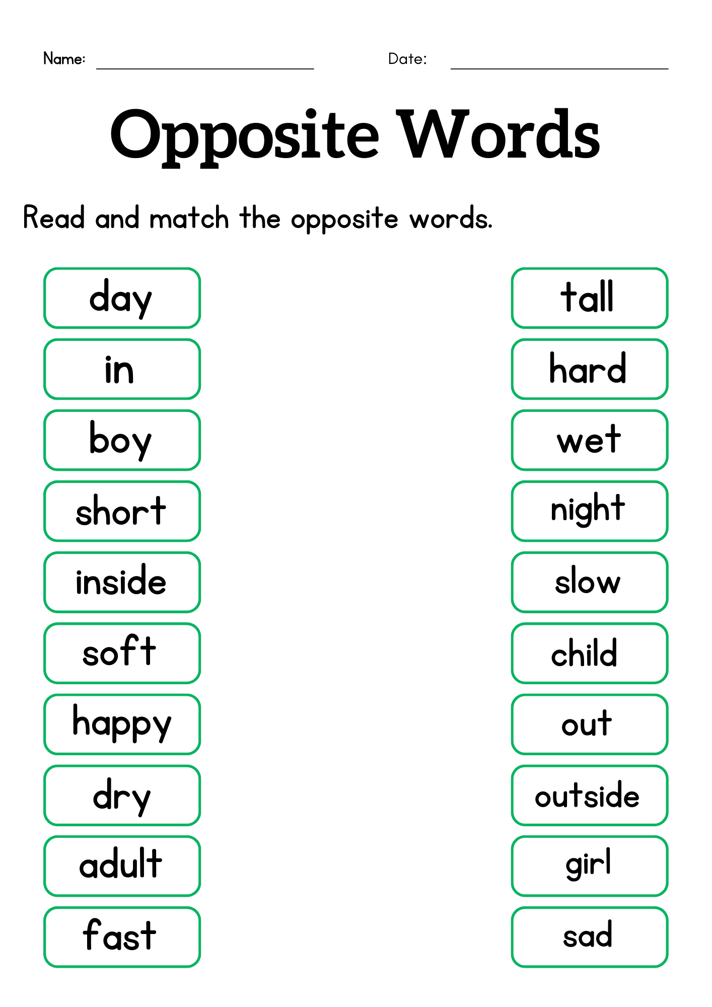 Opposite Words Worksheets For Kindergarten Pdf