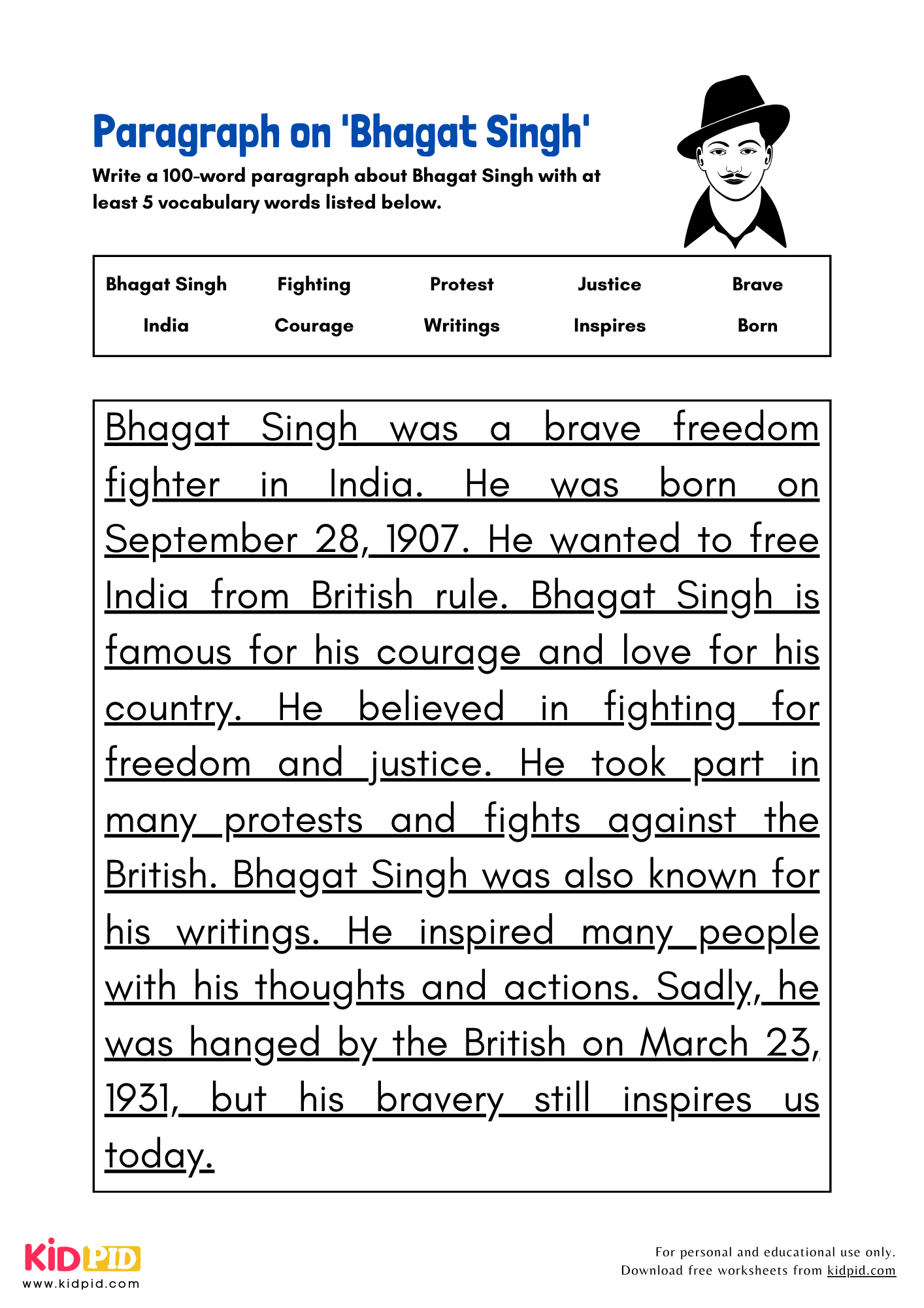 Paragraph On Bhagat Singh Kidpid