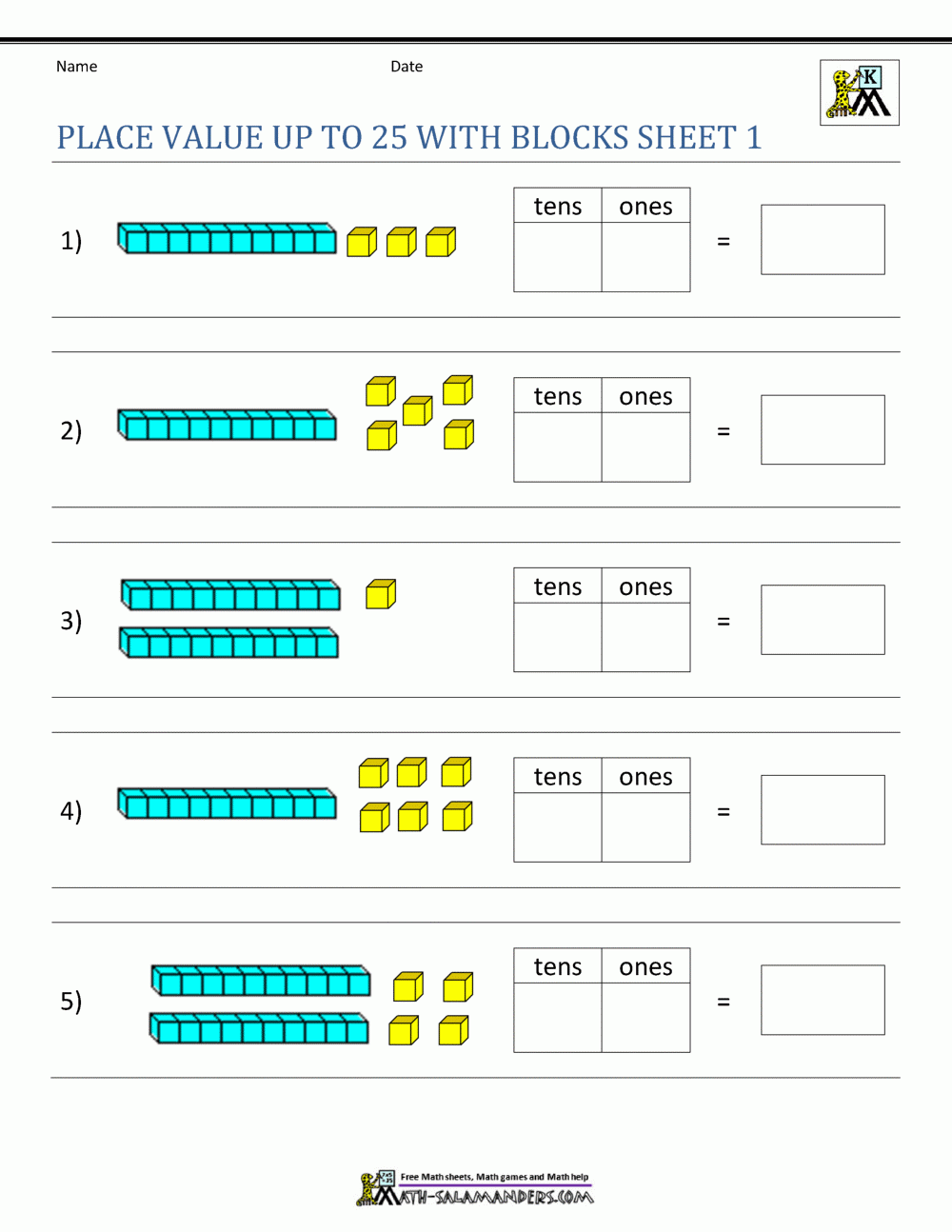 Math Worksheet Place Value Kindergarten