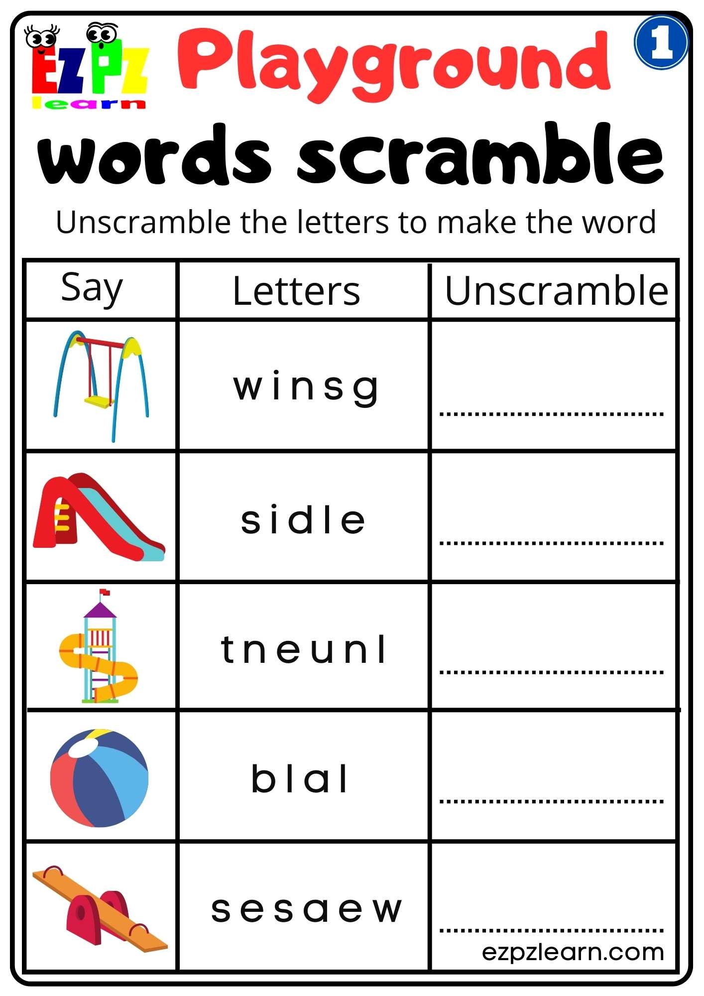 Playground 1 Word Scramble Worksheet For Kindergarten And ESL Students Free Download Ezpzlearn