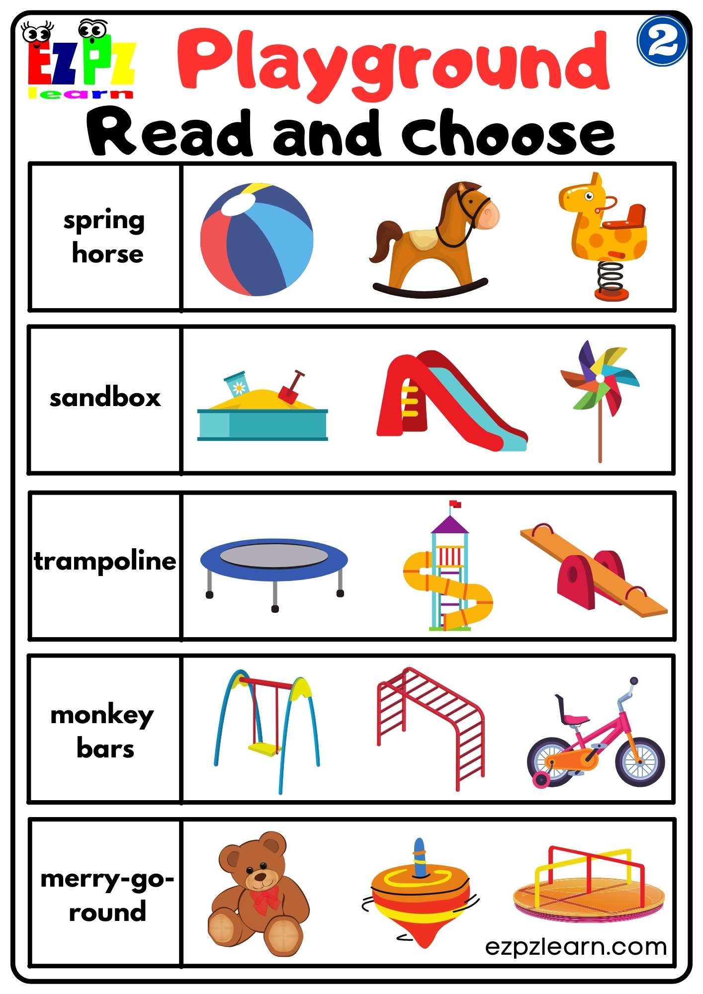 Playground Vocabulary 2 Read And Choose Worksheet For Kindergarten 