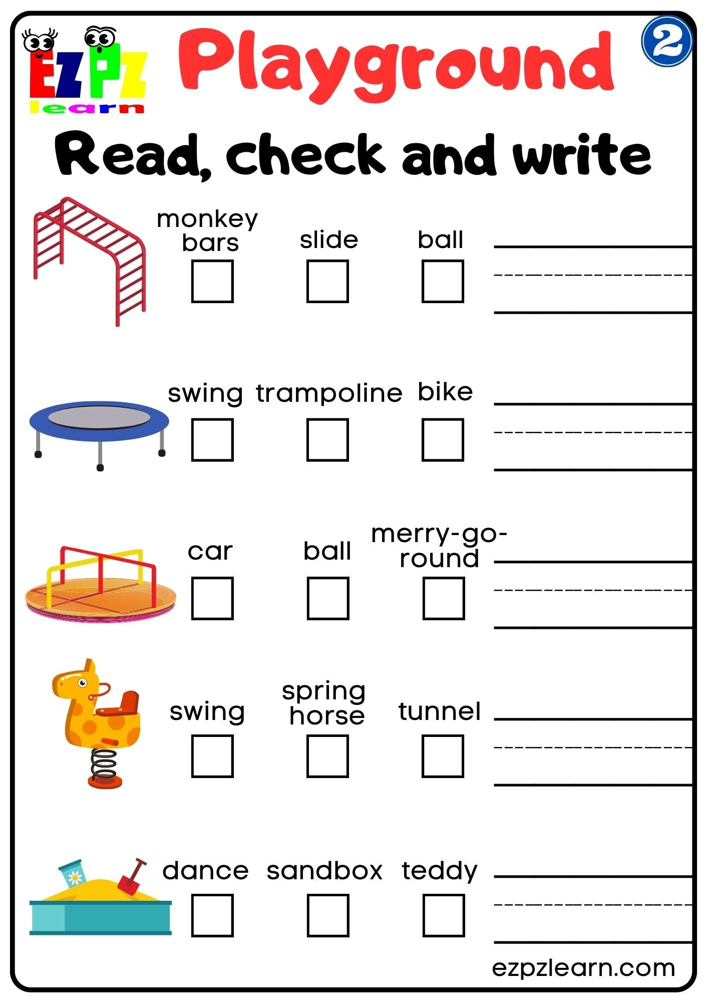 Playground Vocabulary 2 Read Check And Write Worksheet For 