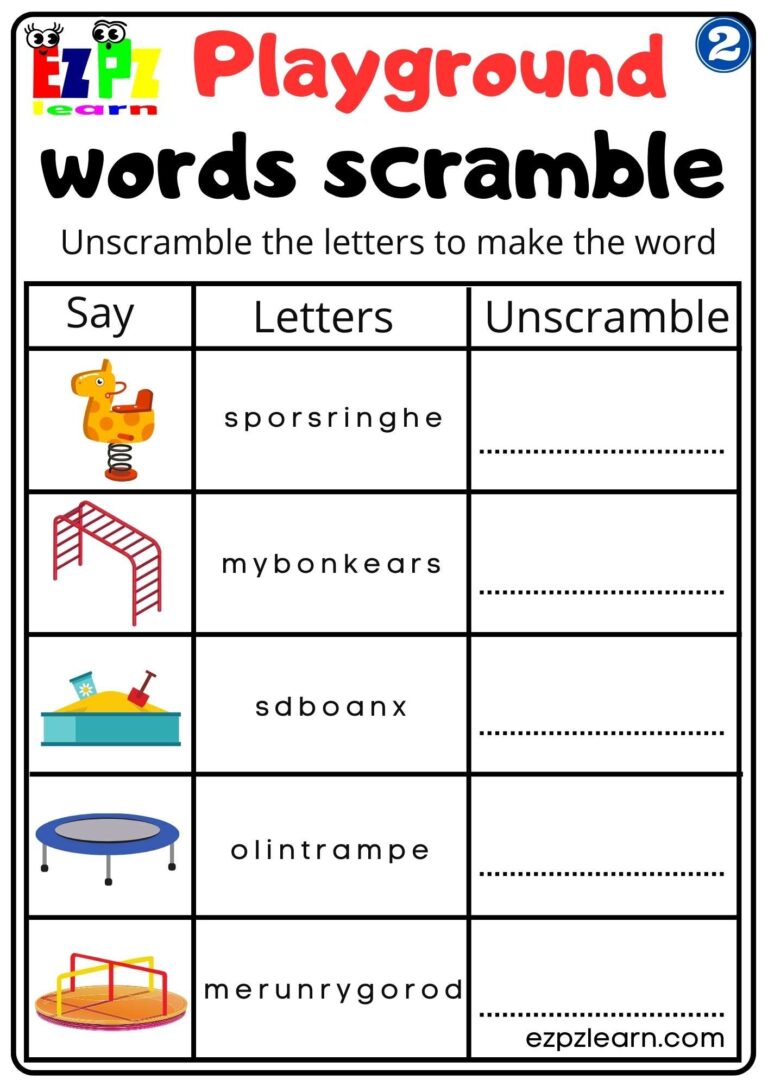 Playground Vocabulary 2 Word Scramble Worksheet For Kindergarten And ESL Students Free Download Ezpzlearn