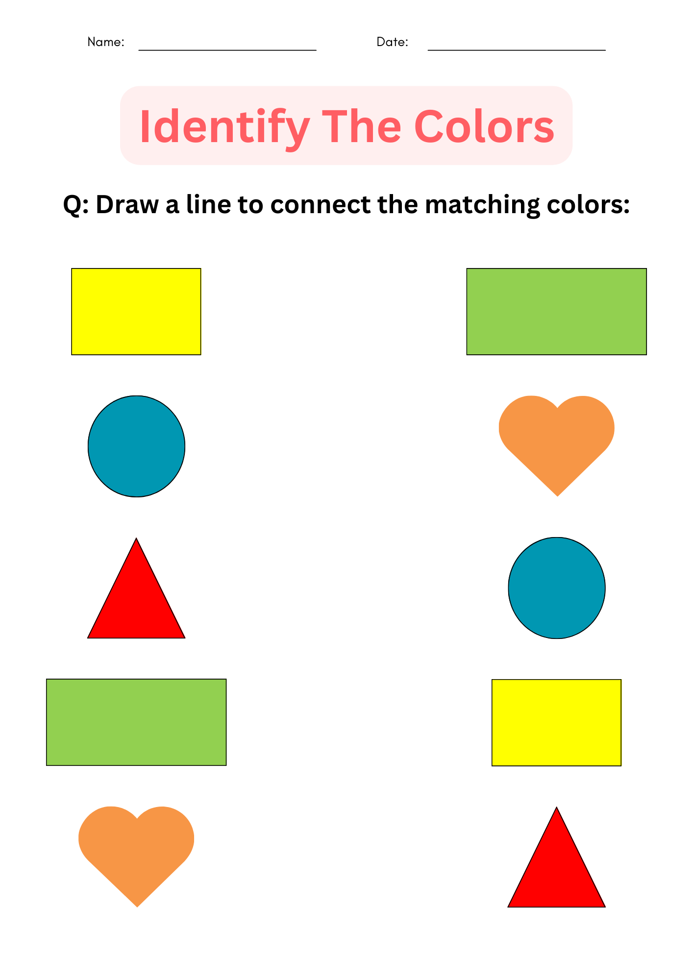 Printable Color Identification Matching Colors Worksheets For Kindergarten