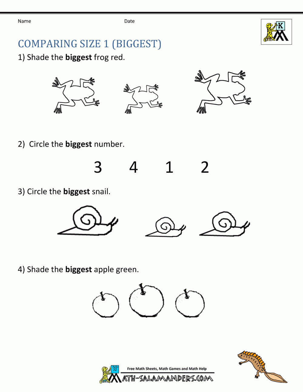 Printable Kindergarten Math Worksheets Comparing Numbers And Size