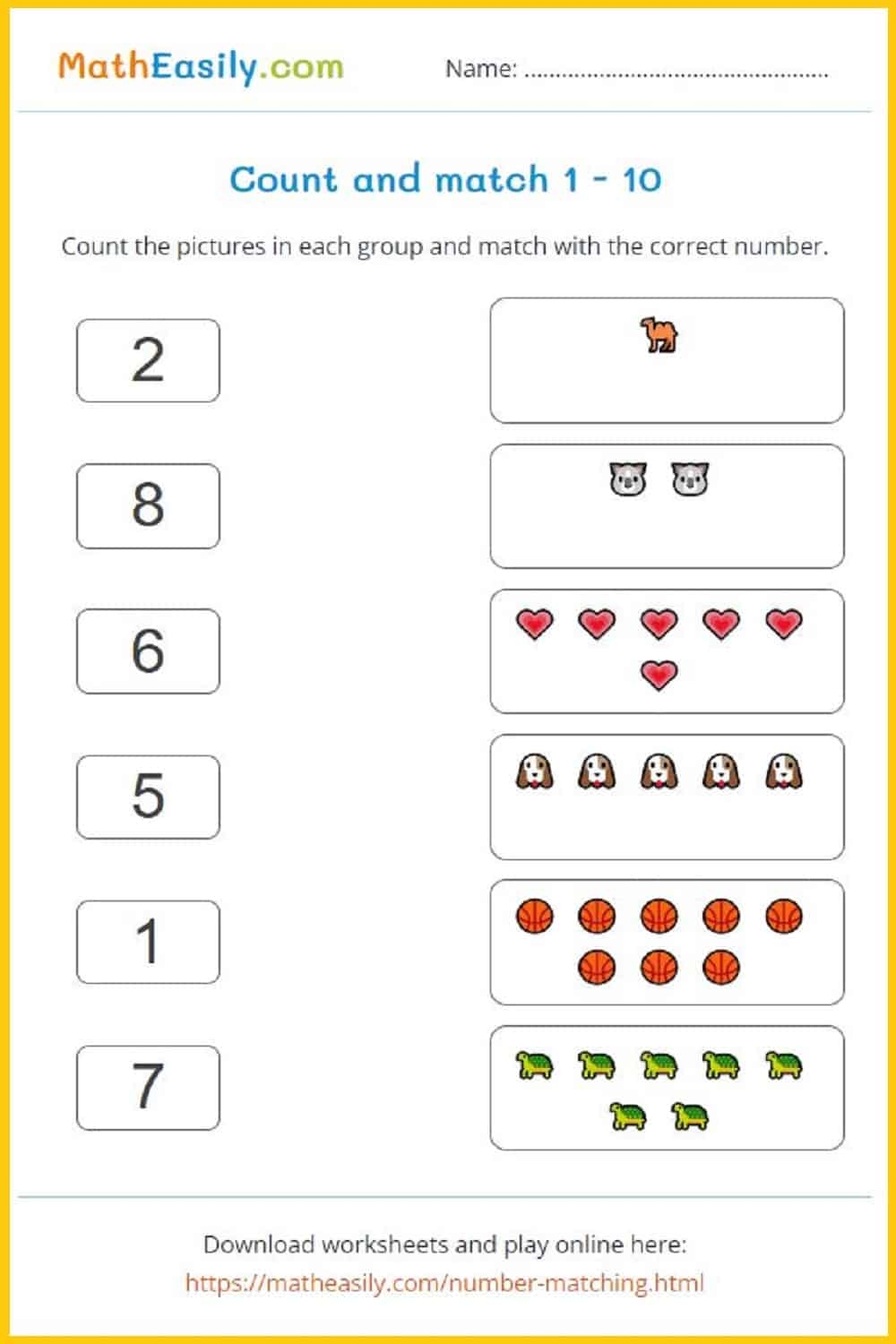 Kindergarten Math Matching Worksheets