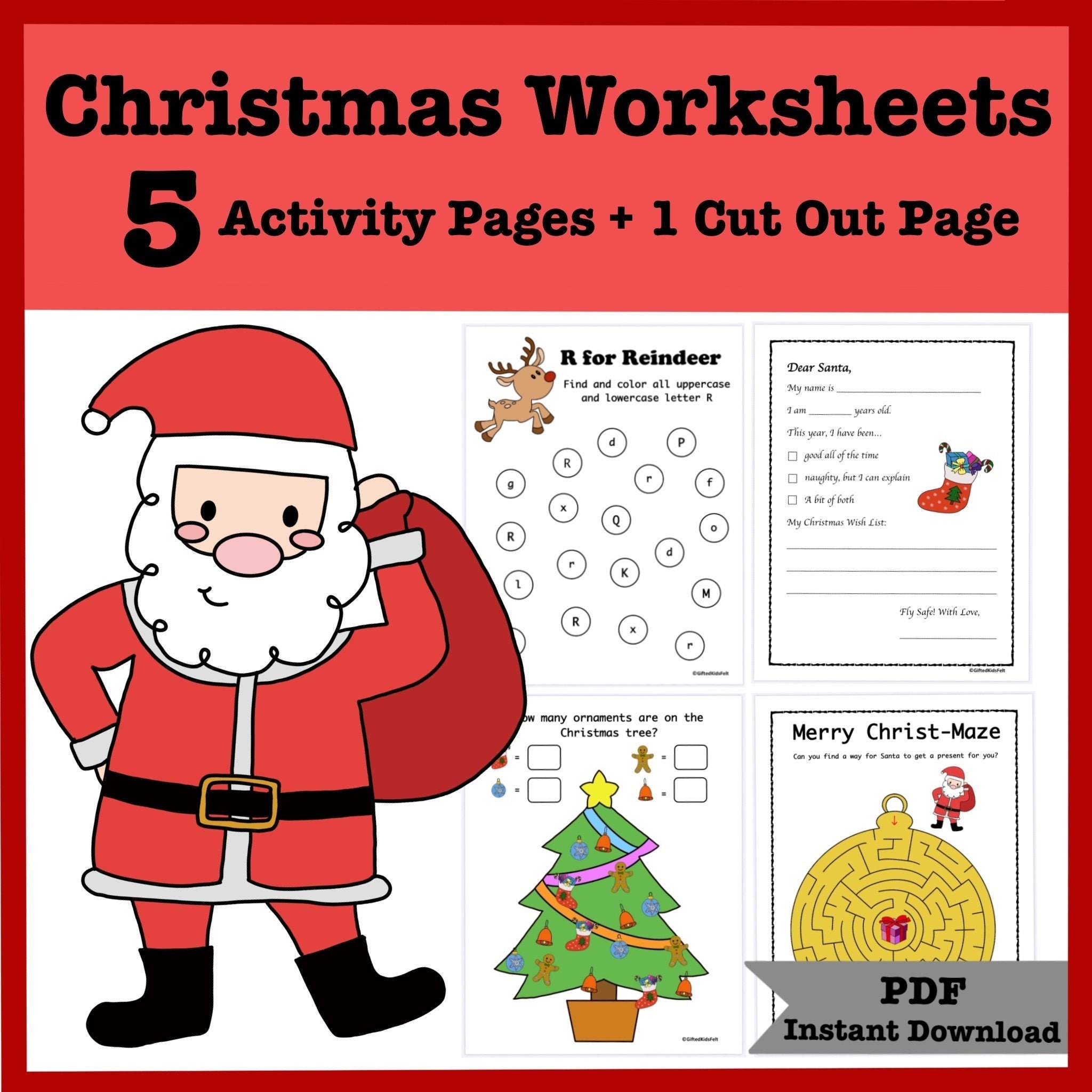 Printable PDF Christmas Activity Sheets For Kid Children Daycare 