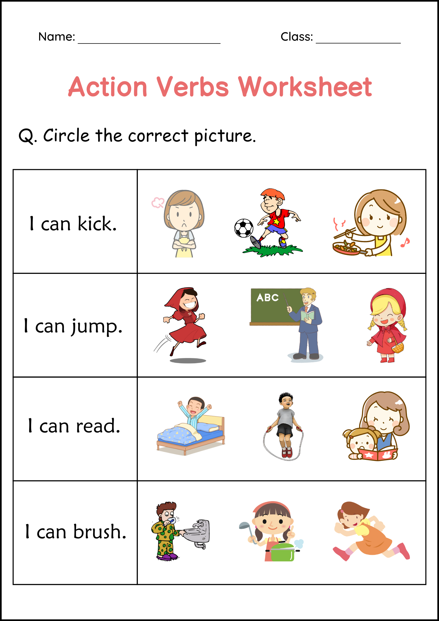 Action Words Printable Worksheets For Kindergarten