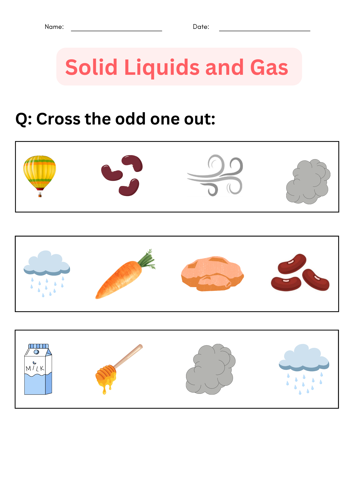Printable Solid Liquids And Gas Worksheets For Grade 1 2 3 