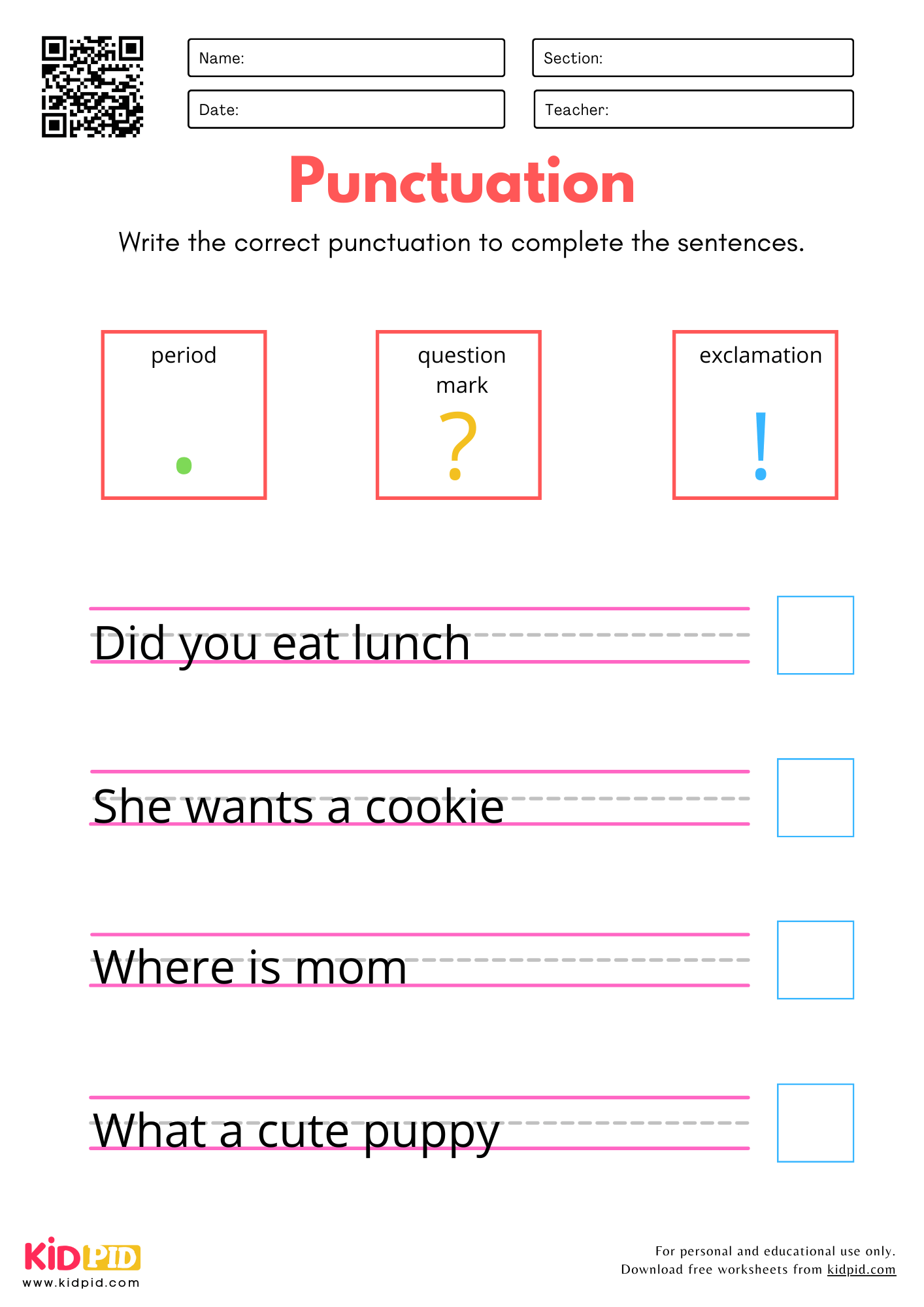 Punctuation Practice Worksheet For Kindergarten Kidpid