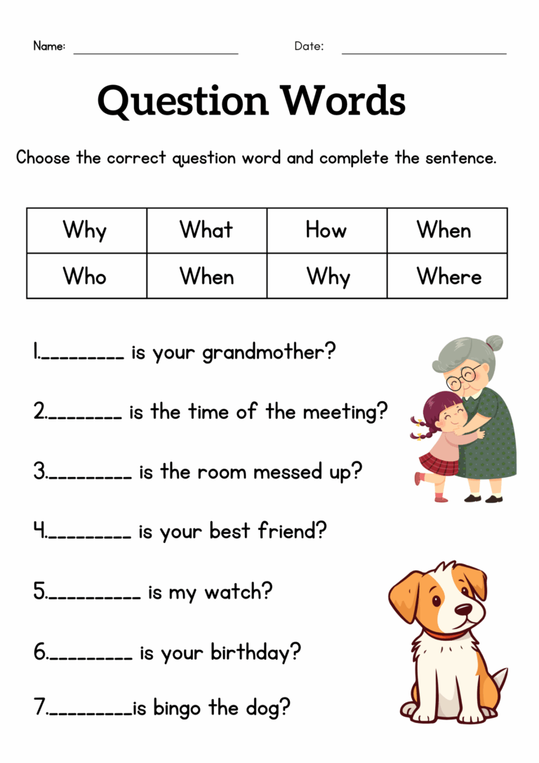Question Words Worksheet For Grade 1 Or 2 Wh Questions Exercises 