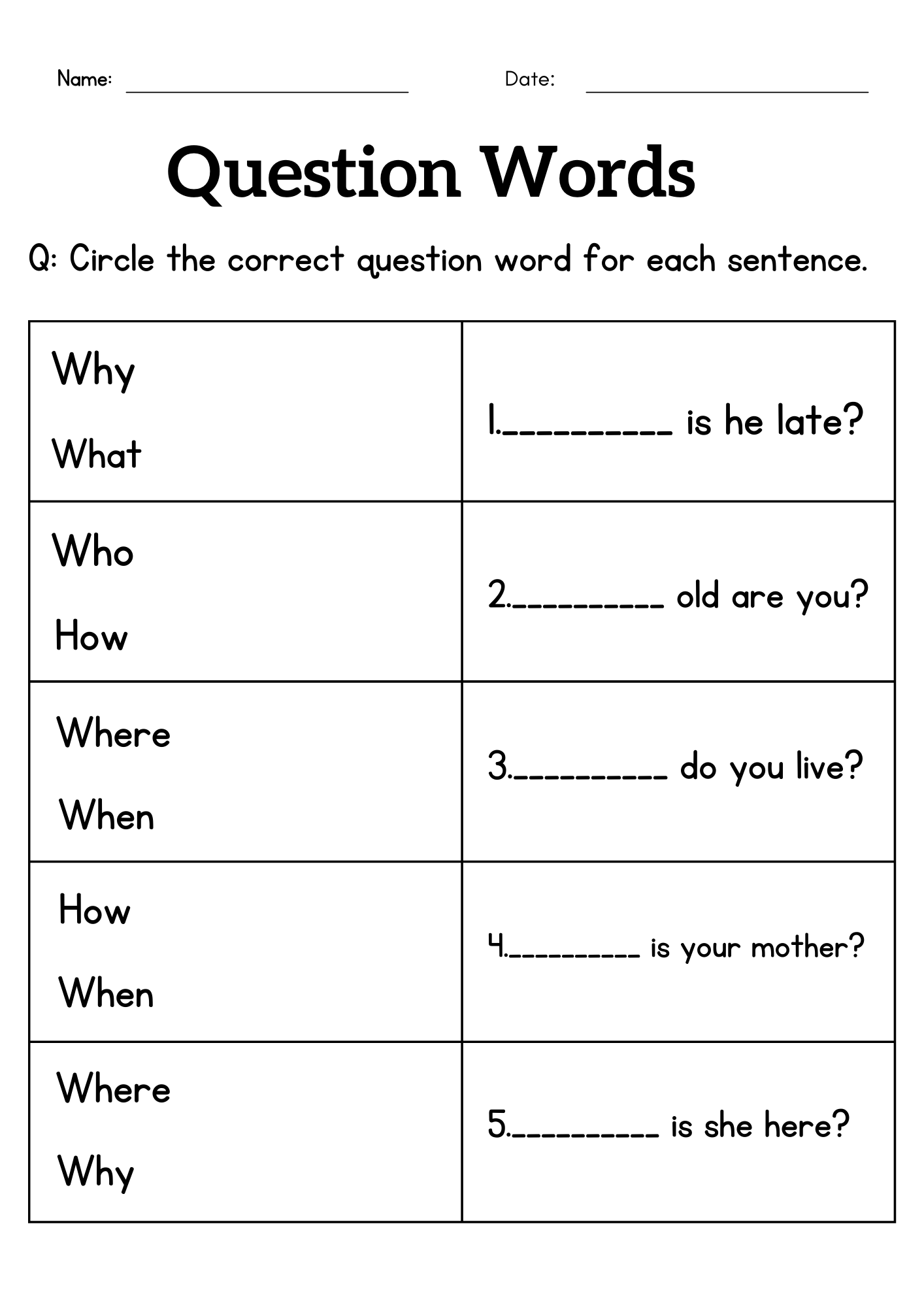 Question Words Worksheet For Grade 1 Or 2 Wh Questions Exercises For Kids