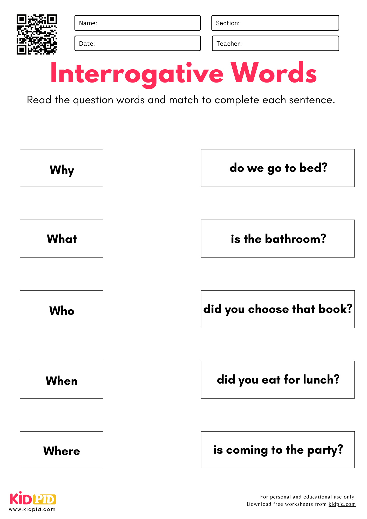 Question Words Worksheets For Kindergarten