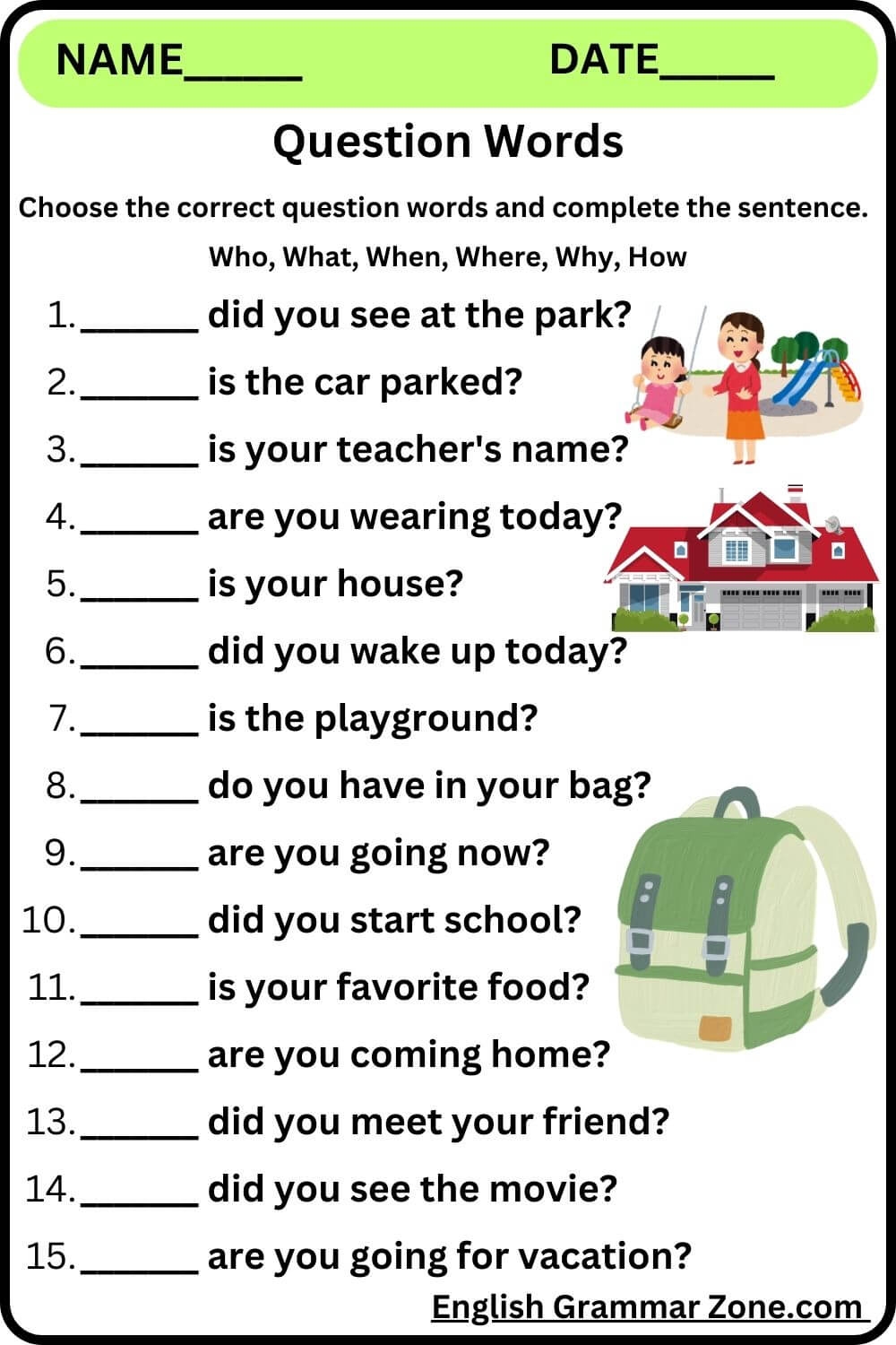 Question Words Worksheets For Grade 1 Preschool Kindergarten 