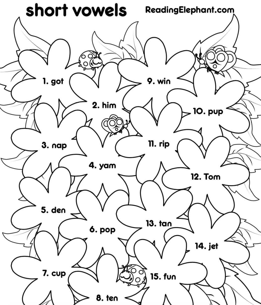 Short Vowel Worksheets For Kindergarten Flowers Pdf Reading Elephant