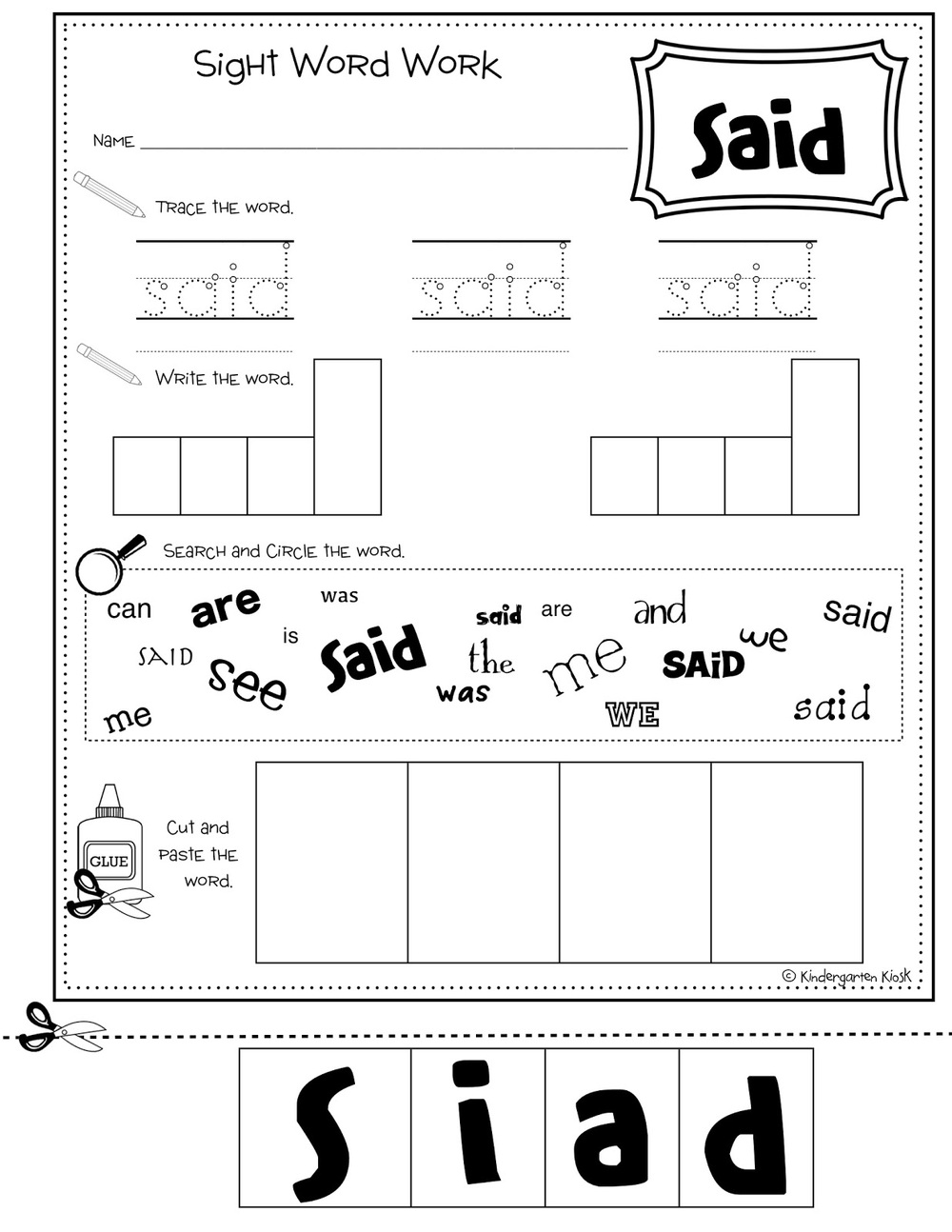 Sight Word NO PREP Multi Task Worksheets Kindergarten Kiosk