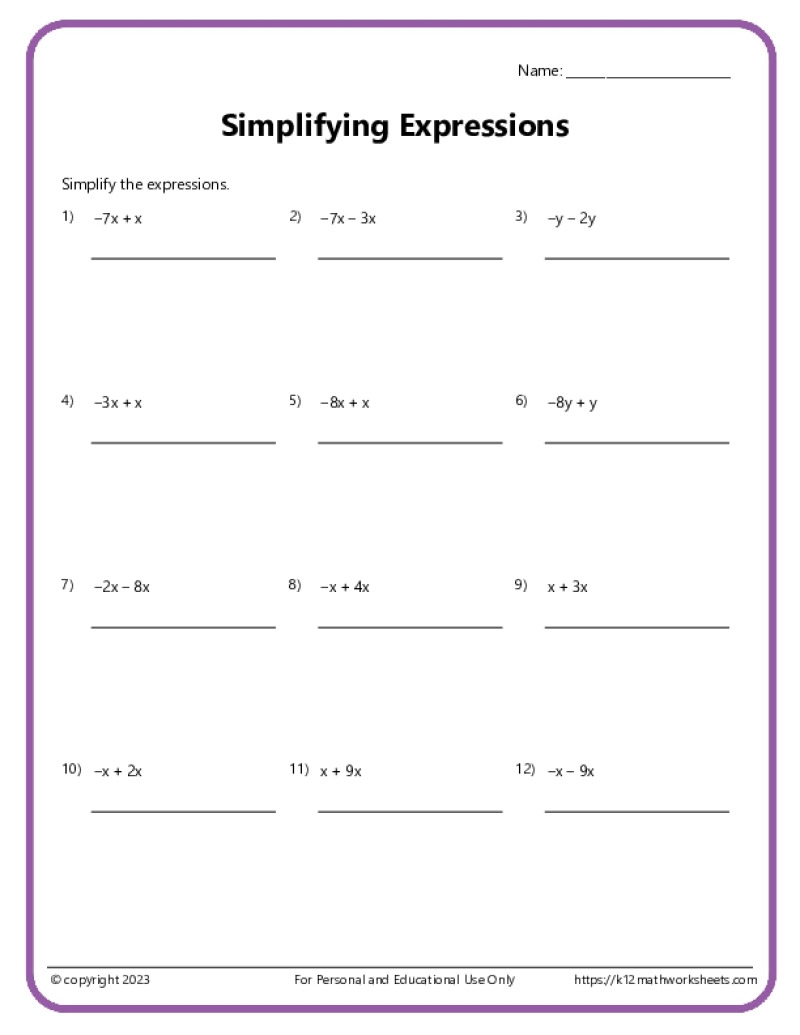 Simplifying Expressions Worksheets K12 Math Worksheets