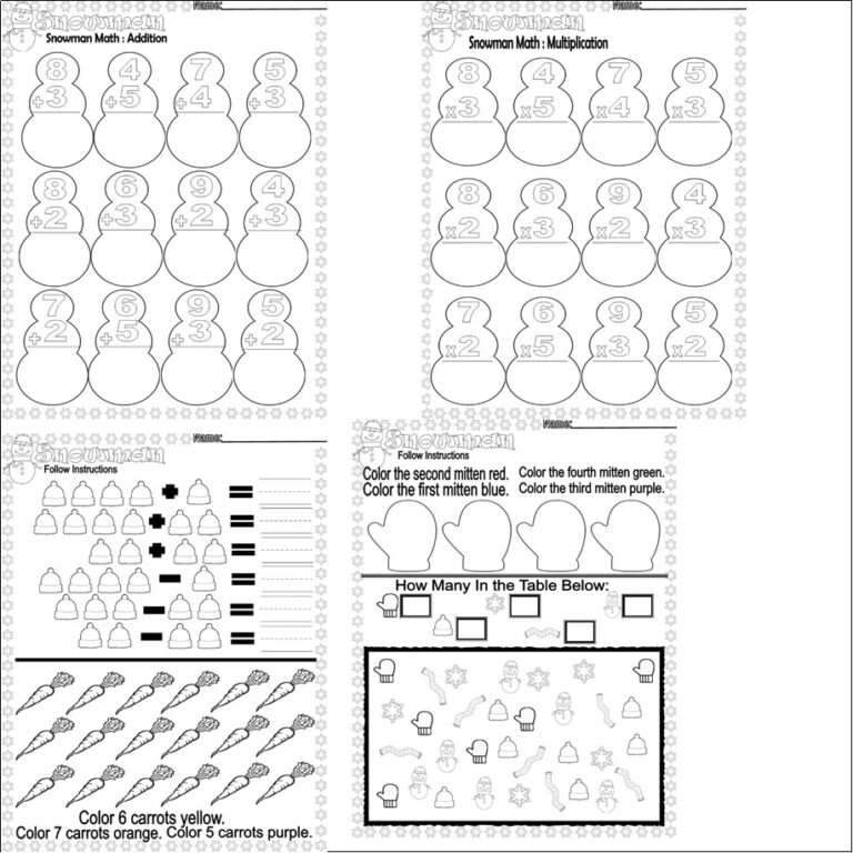 Snowman Winter Math Activities Worksheets NO PREP Addition Multiplication Graph Made By Teachers