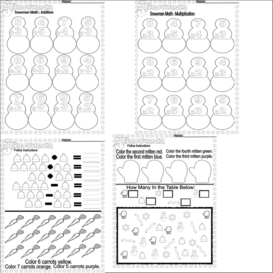 Snowman Winter Math Activities Worksheets NO PREP Addition Multiplication Graph Made By Teachers