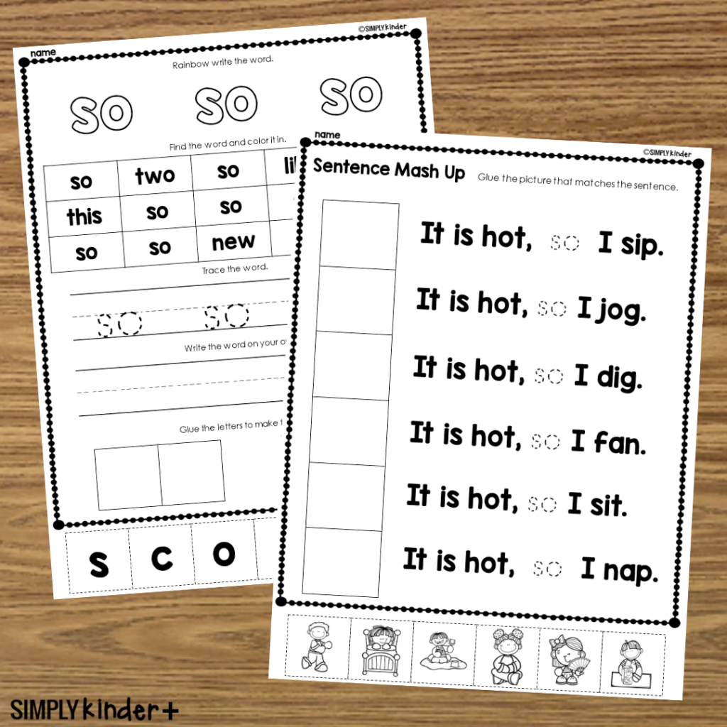 So Sight Word Cut U0026 Glue Activities Simply Kinder Plus