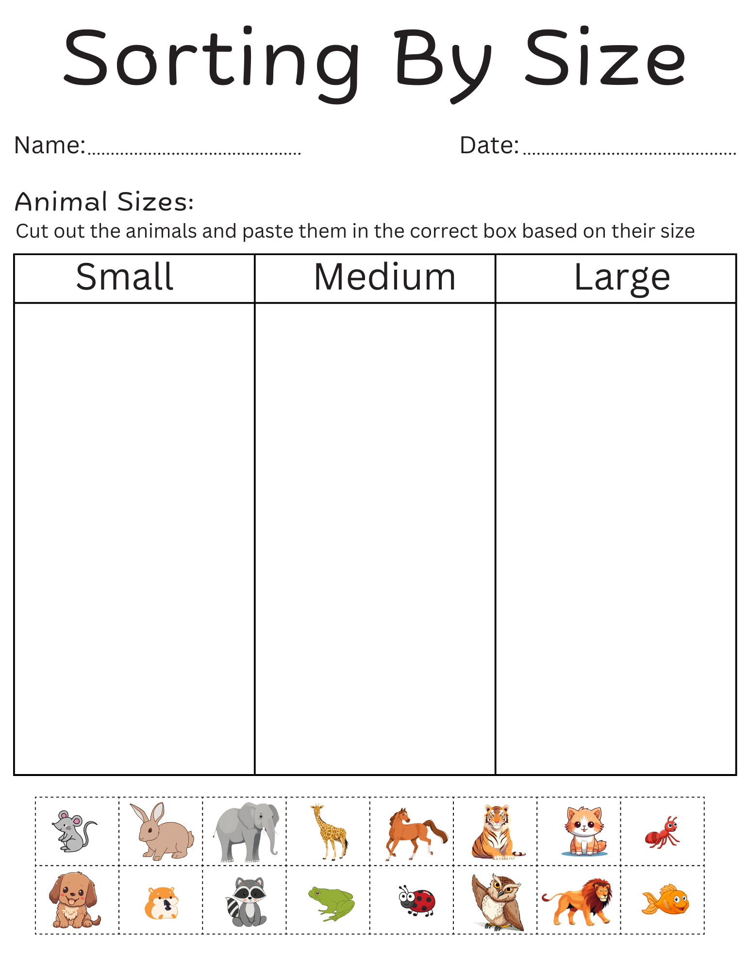 Sorting By Size Worksheets For Kindergarten Printable Sorting By