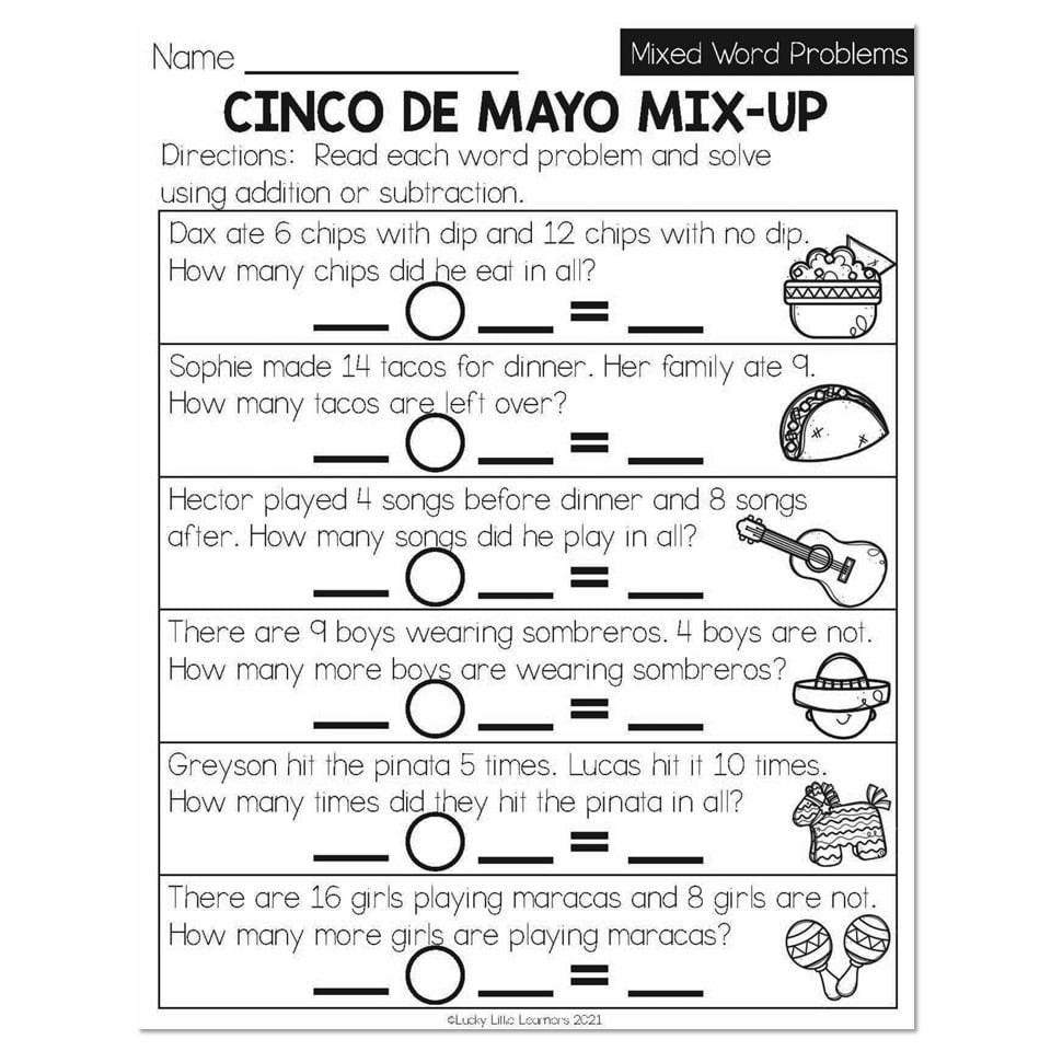 Spring Early Finishers 1st Grade Math Mixed Word Problems Cinco De Mayo Mix Up Lucky Little Learners