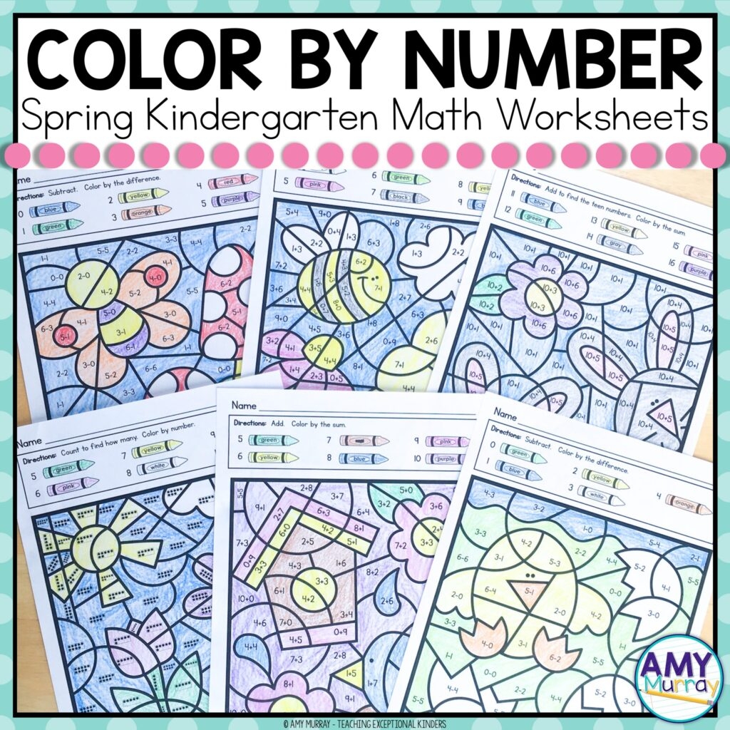 Spring Themed Color By Number Kindergarten Math Worksheets 