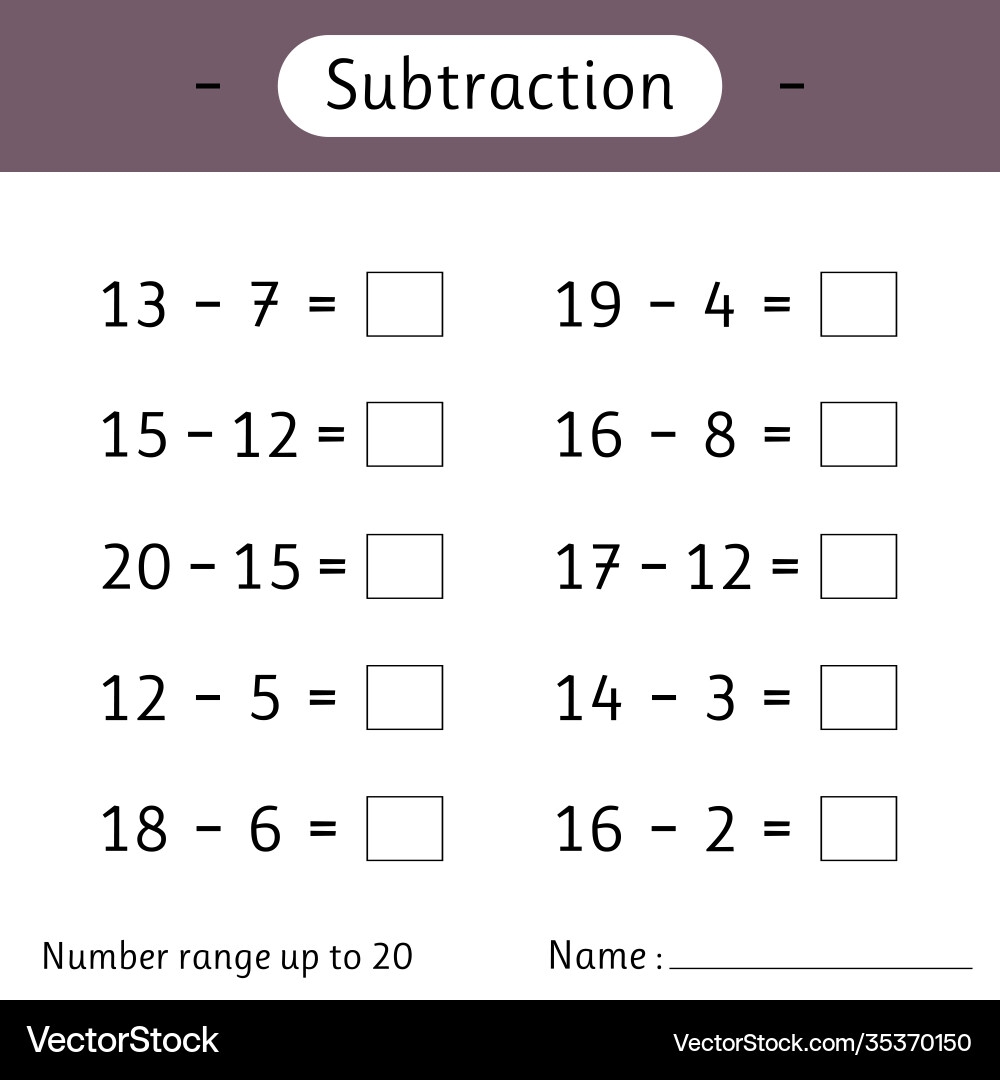 Subtraction Number Range Up To 20 Math Worksheet Vector Image