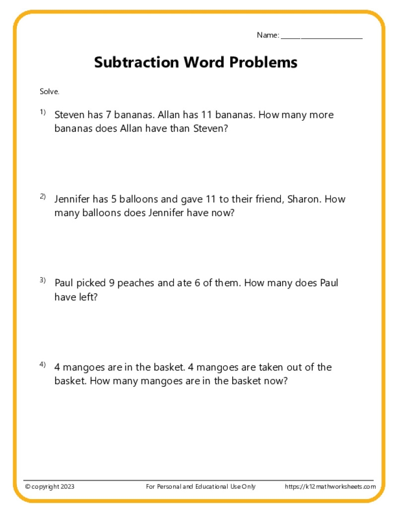Subtraction Word Problem Worksheet For Kindergarten
