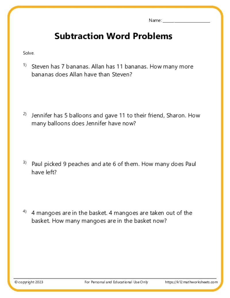 Subtraction Word Problems K12 Math Worksheets