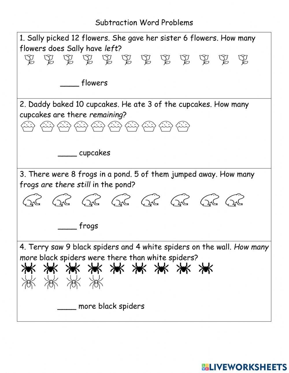 Subtraction Word Problems Online Activity For Kindergarten Live Worksheets Library