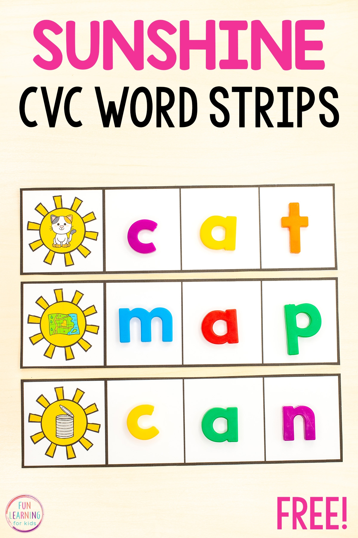 Sun CVC Word Building Strips Free Printable